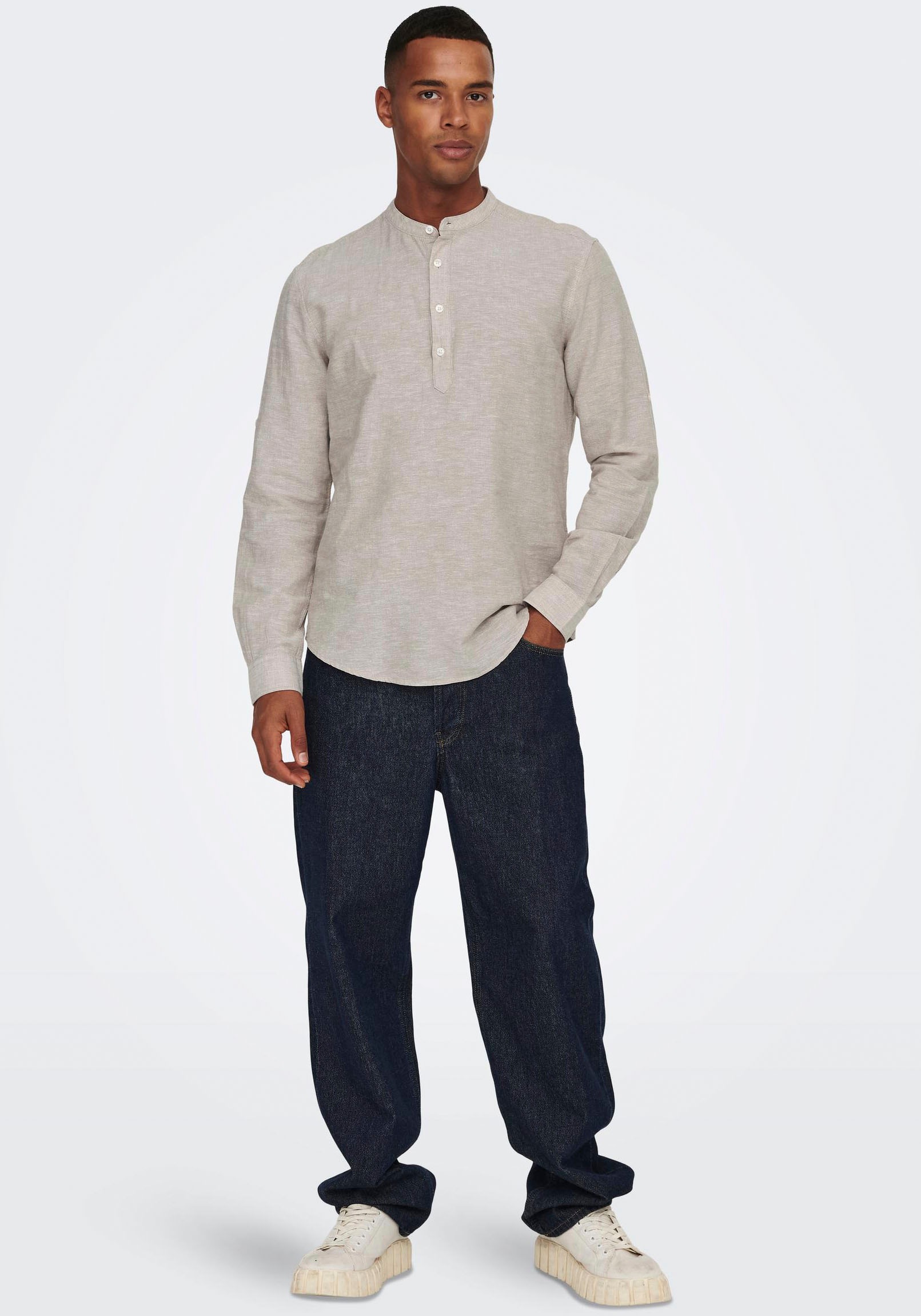 ONLY & SONS Langarmhemd »ONSCAIDEN LS HALFPLACKT LINEN SHIRT«