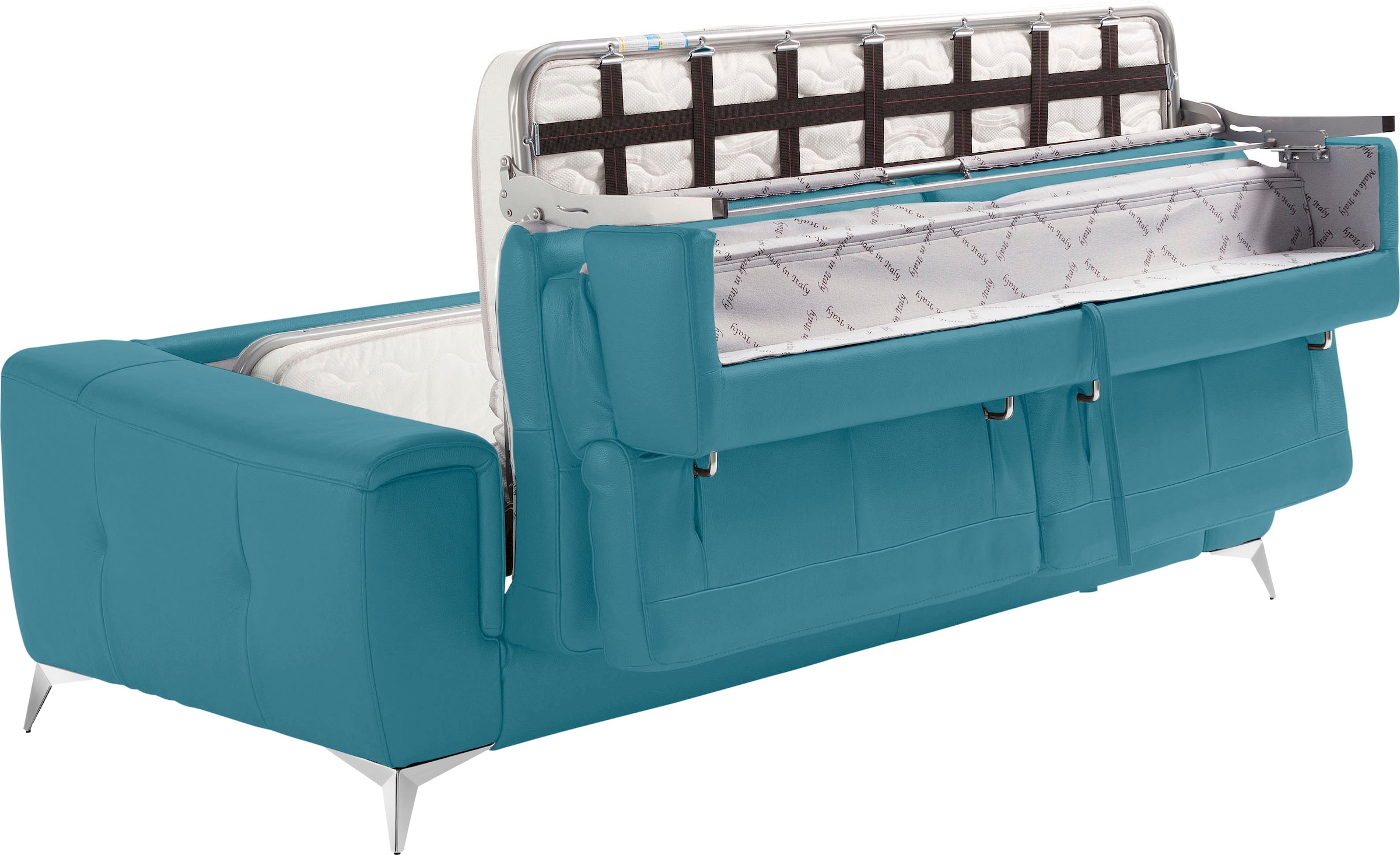 Egoitaliano Schlafsofa »Francine Designsofa, Loungesofa mit Dauerschlaffunktion, Breite 233 cm«, mit Bettfunktion, Leder BULL, türkis, Fussfarbe chrom