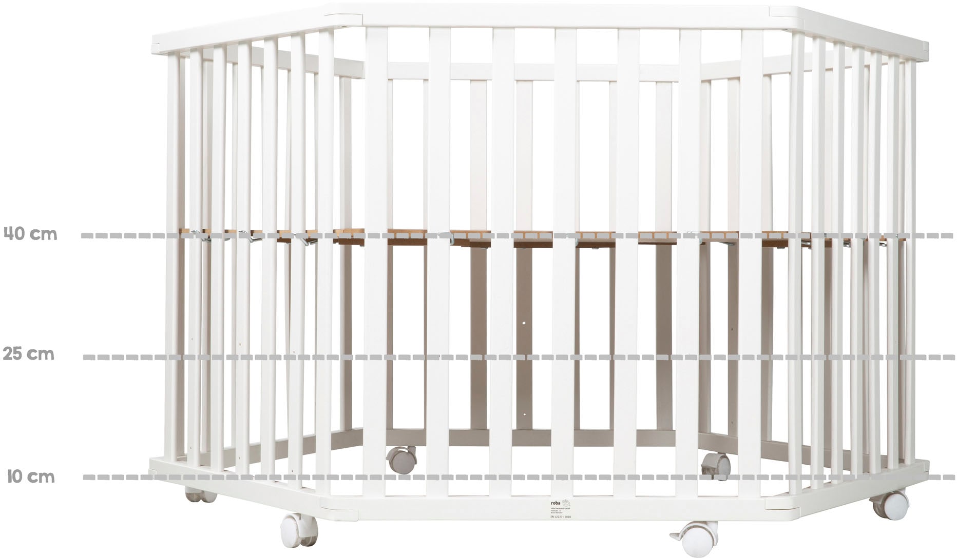 roba® Laufgitter »Rock Star Baby, 6-eckig, weiss«, bis 15 kg, mit Stoffeinlage und Nestchen; Rollen, höhenverstellbar