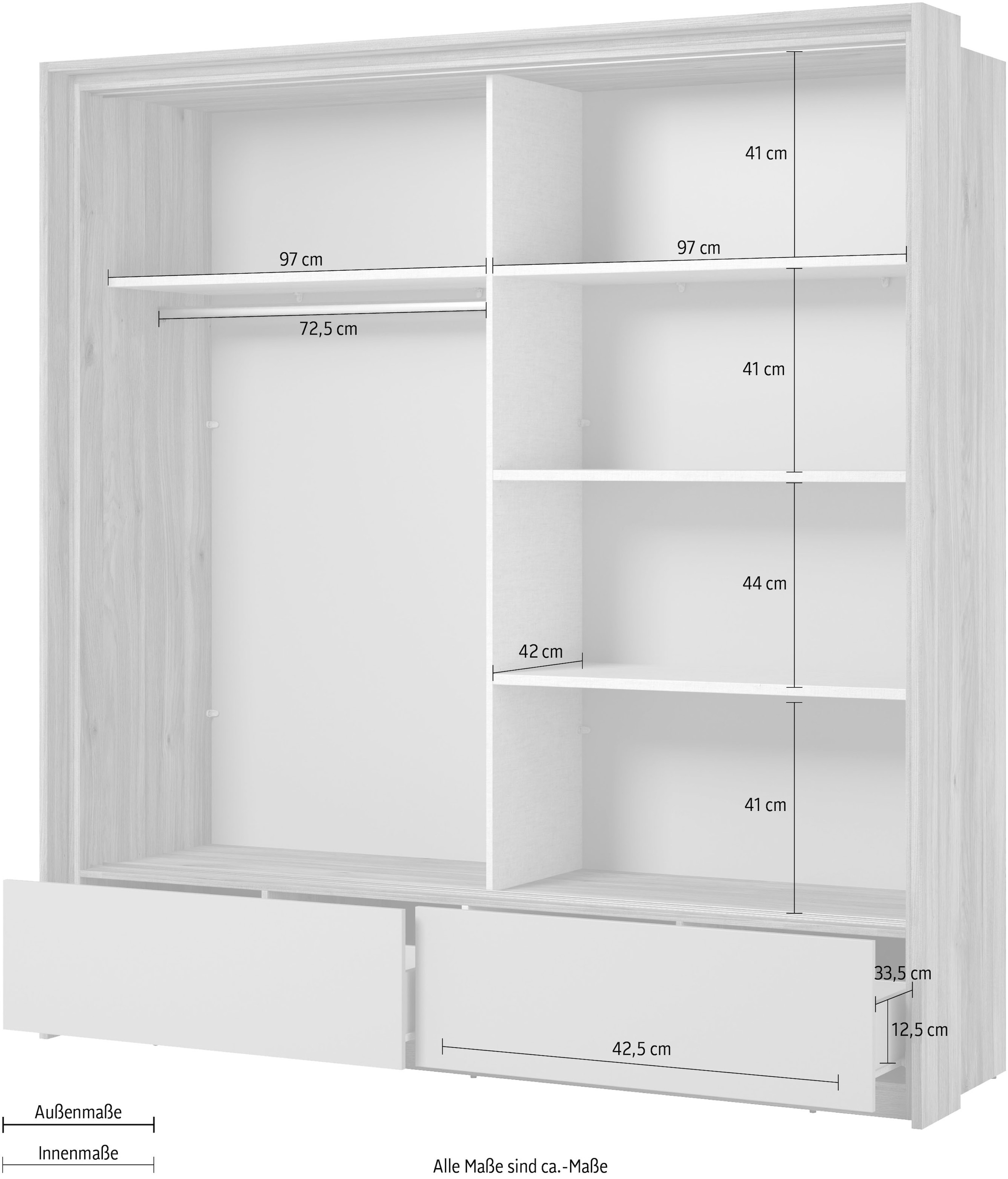 Home affaire Schwebetürenschrank »Wharton, Breite 159 oder 209 cm, Kleiderschrank incl. Innenausstattung«, Wäscheschrank, 2 Schubkästen, 2 Spiegel, Metallgriffe, Garderobe