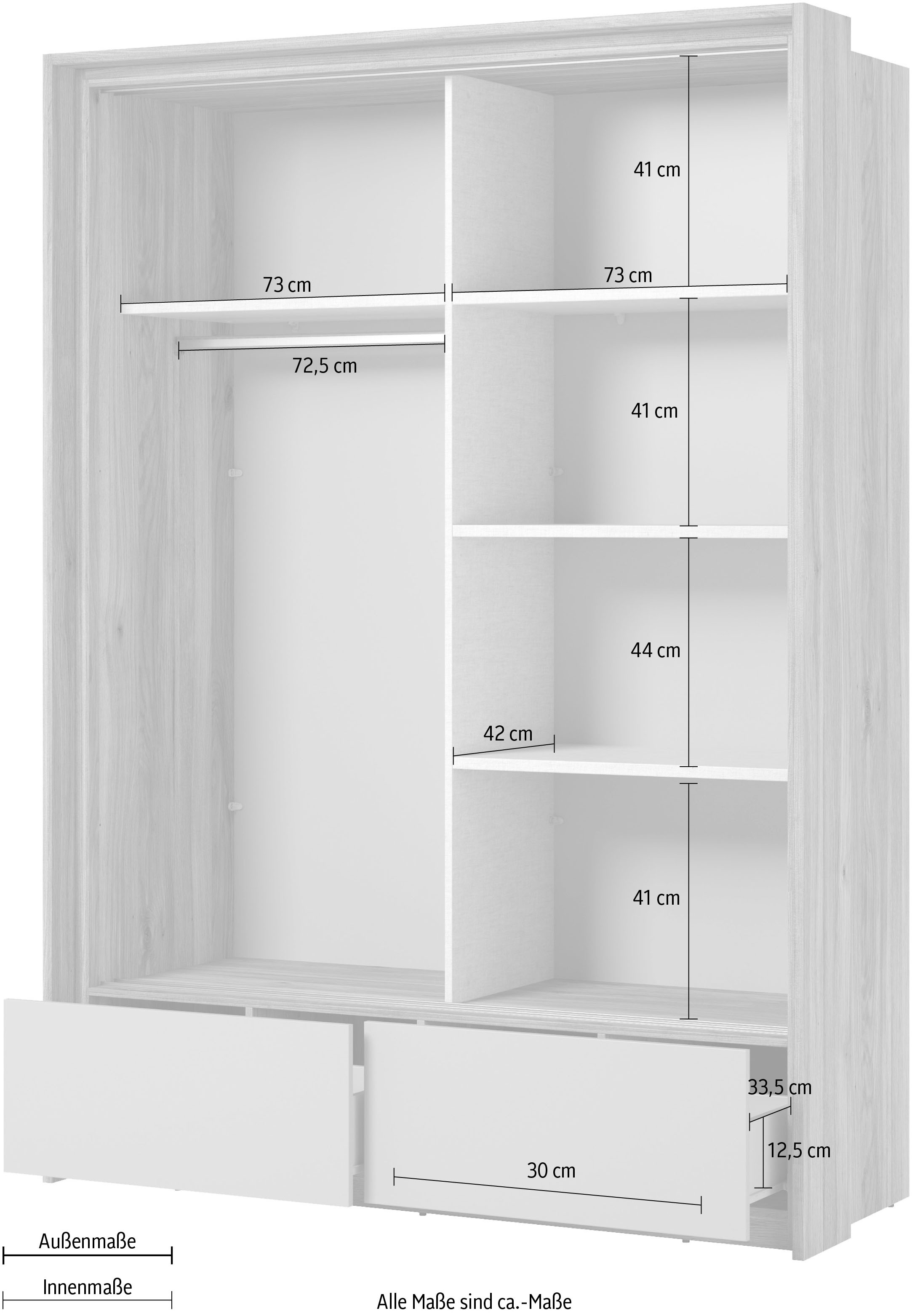 Home affaire Schwebetürenschrank »Wharton, Breite 159 oder 209 cm, Kleiderschrank incl. Innenausstattung«, Wäscheschrank, 2 Schubkästen, 2 Spiegel, Metallgriffe, Garderobe