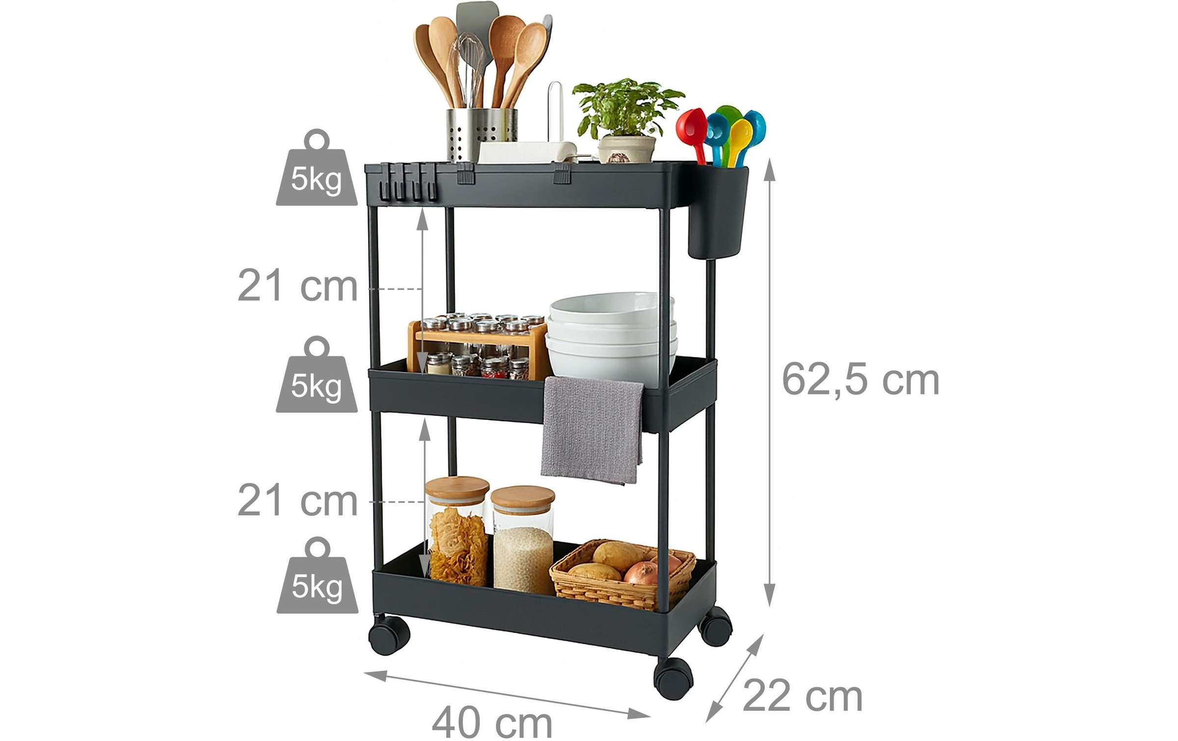 relaxdays Küchenwagen "62.5 x 40 x 22 cm" Mobiler Allzweckwagen mit 3 Ebenen