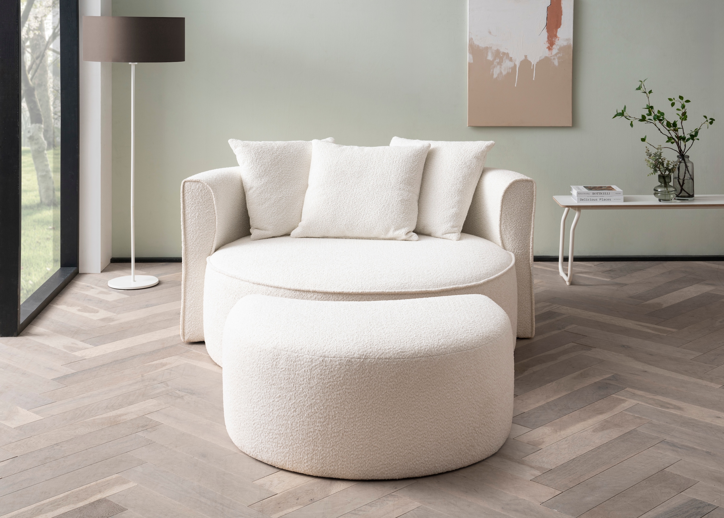 LeGer Home by Lena Gercke XXL-Sessel »Isalie, Rundsessel mit Hocker, Lesesessel, Loveseat, Big-Sessel«, (Set), trendige Stoffe, mit 3 Zierkissen, grosse Sitzfläche