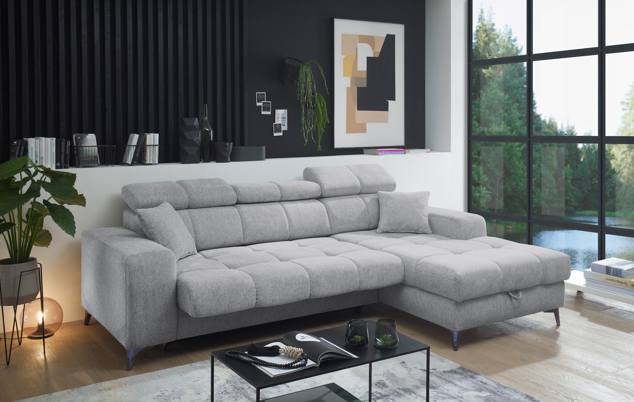 ED EXCITING DESIGN Ecksofa »Sydney L-Form mit Bettfunktion, Bettkasten, Kopfteilverstellung«, motorischer Sitztiefenverstellung, USB-Port & 2 Zierkissen