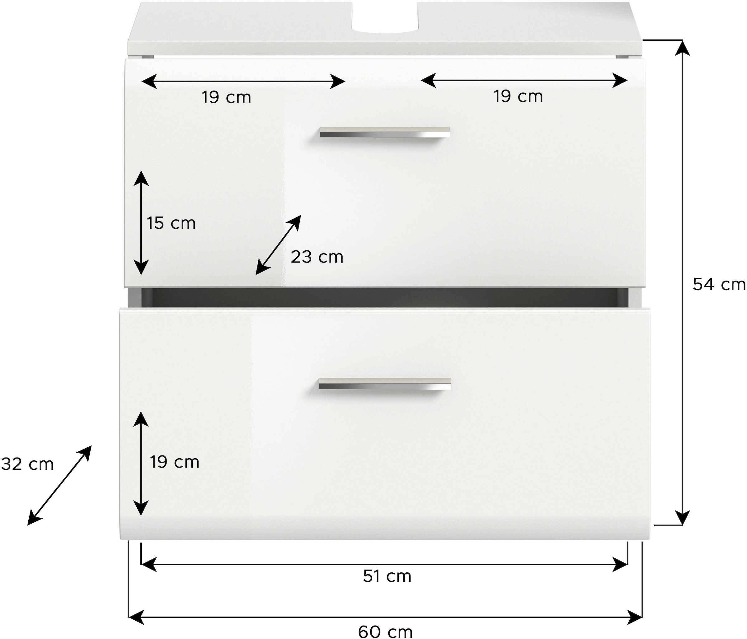 INOSIGN Waschbeckenunterschrank »Florenz, Breite 60 cm, 2 Schubkästen, inkl. Siphonausschnitt«, hochwertige MDF Front, Griff chromglänzend, Badschrank, Bad