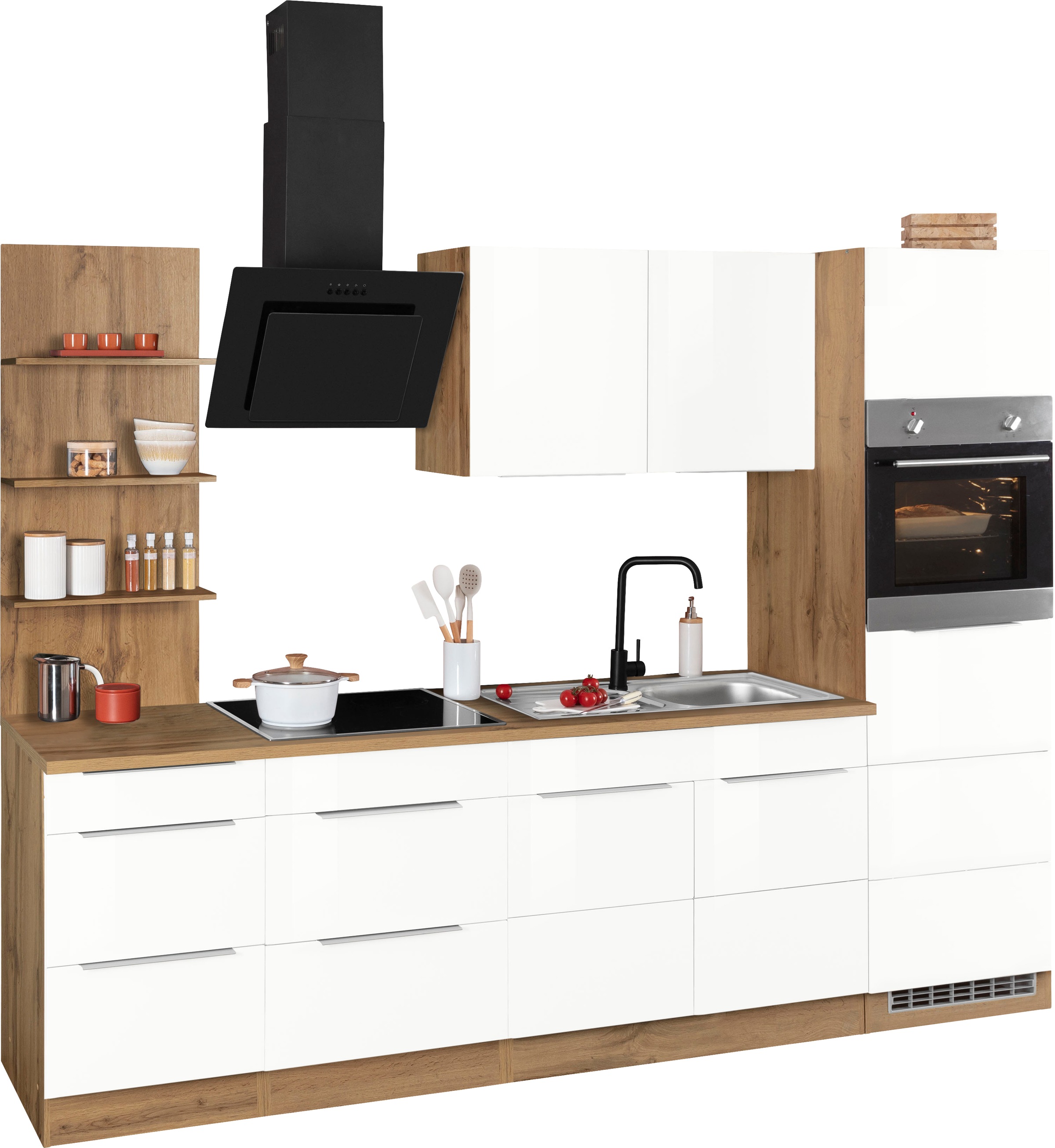 KOCHSTATION Küchenzeile "KS-Brindisi Breite 270 cm" wahlweise mit E-Geräten und Induktion, mit MDF-Fronten und Regal