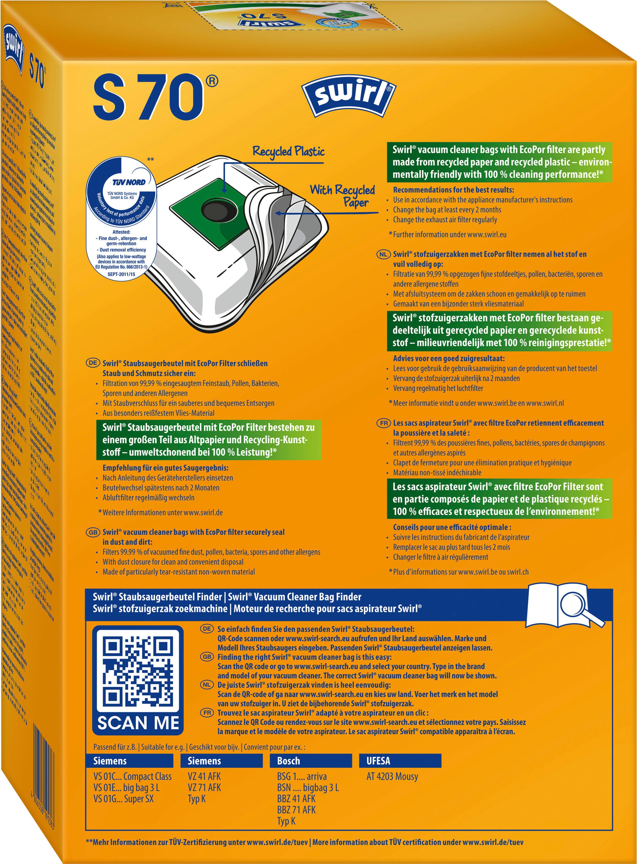 Swirl Staubsaugerbeutel »Swirl® S 70 Staubsaugerbeutel für Siemens und Bosch«, (Packung), 4er- Pack