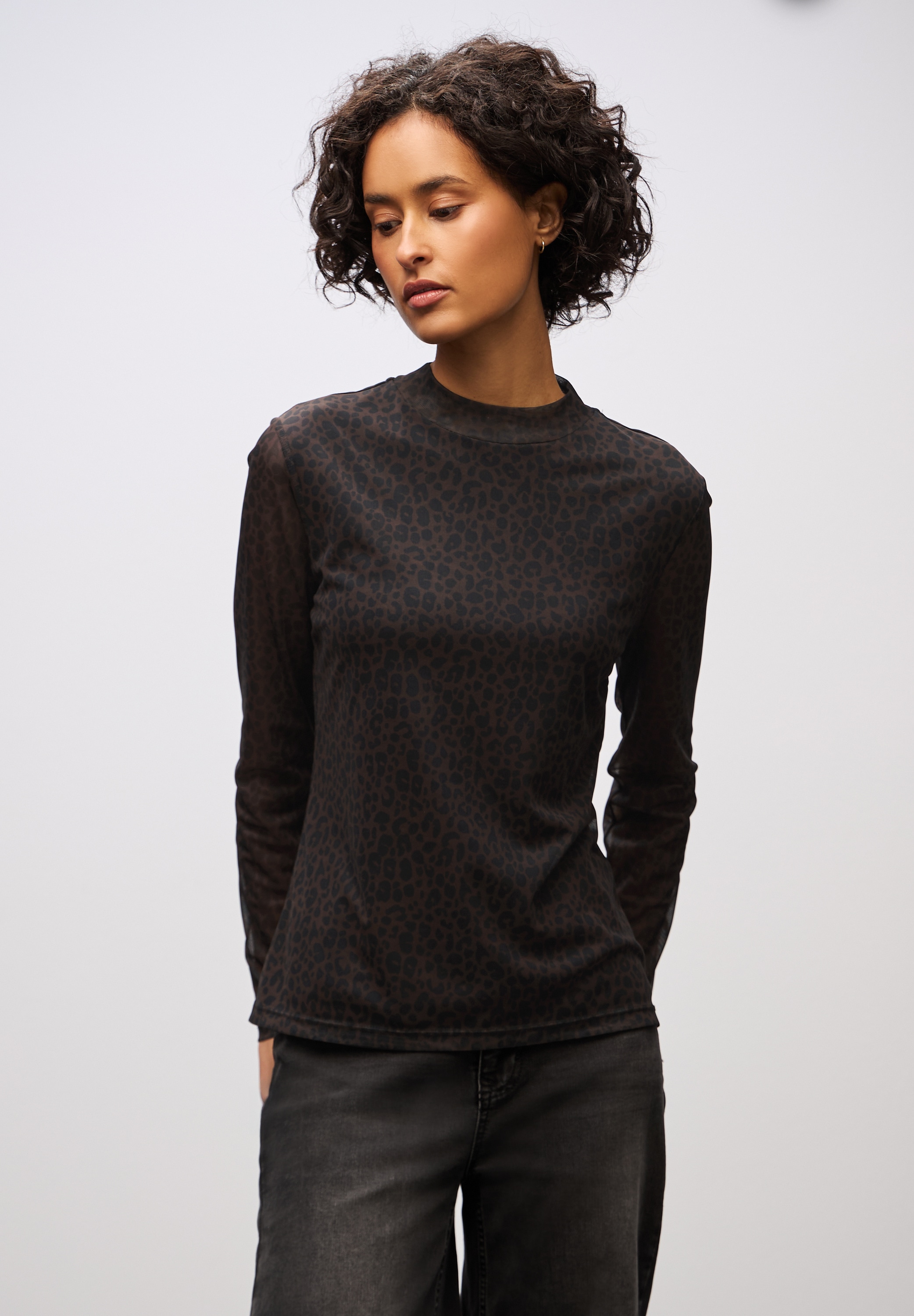 STREET ONE Langarmshirt in transparenter Mesh-Qualität und Leo-Muster