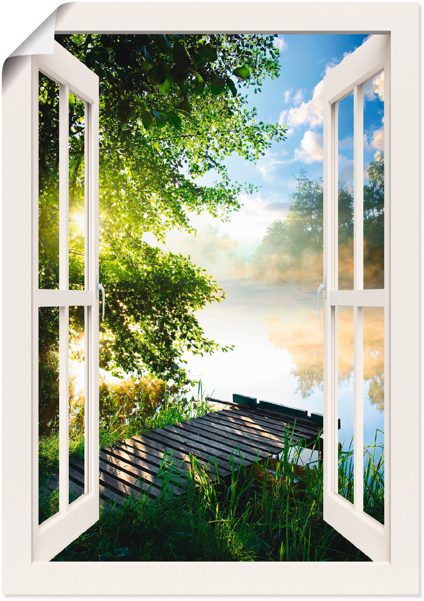 Artland Wandbild "Fensterblick Angelsteg am Fluss" Fensterblick 1 Stk. tlg. als Alubild, Leinwandbild, Poster in verschied. Grössen