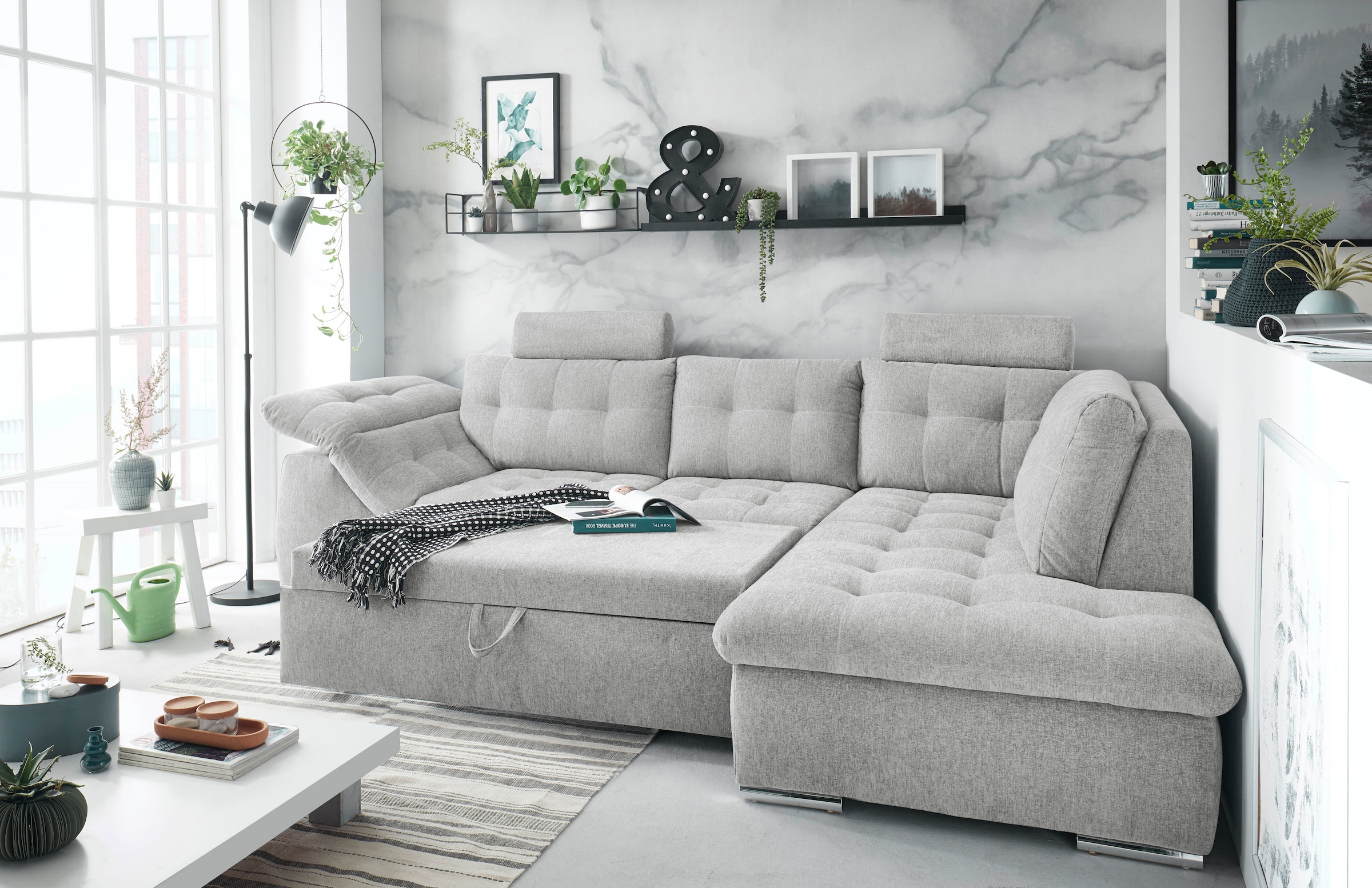 ED EXCITING DESIGN Ecksofa Oman, mit Bettfunktion, Bettkasten, Armteilverstellung und  Kopfstützen