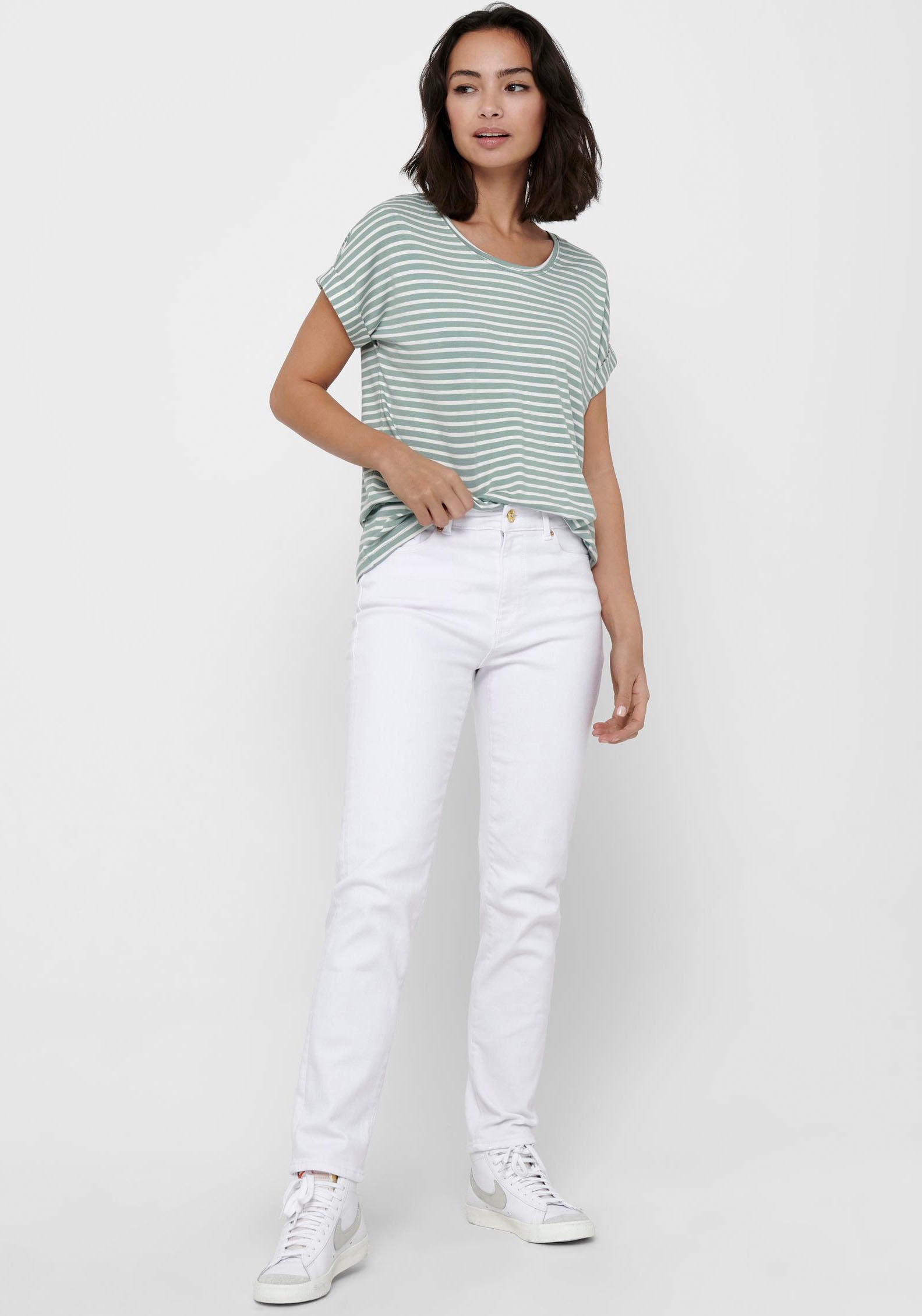 ONLY T-Shirt »ONLMOSTER STRIPE S/S O-NECK TOP JRS NOOS«, mit Aufschlag am Arm