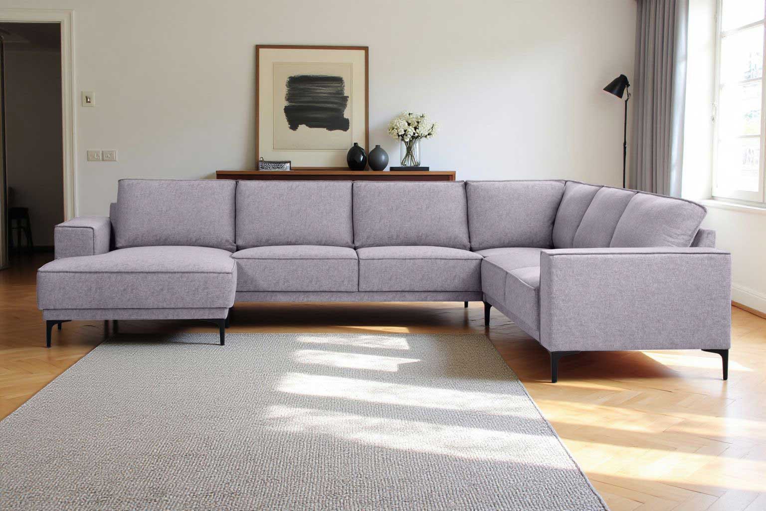 Places of Style Wohnlandschaft »XXL Sofa Oland, Struktur, Flachgewebe, Luxus-Microfaser, Boucle«, U-Form, 342 cm, Wellenunterfederung, Skandi-Design, Metallfüsse
