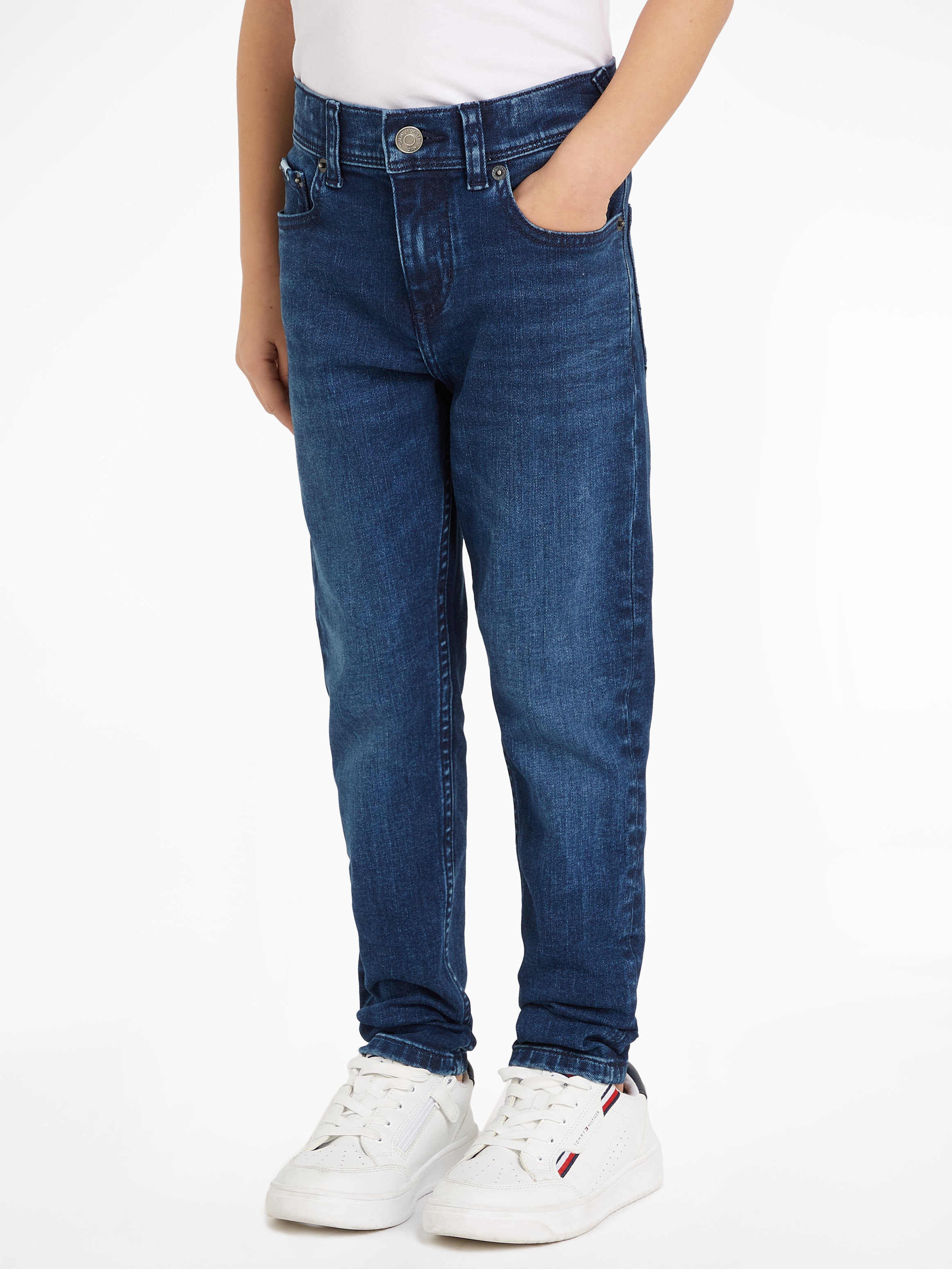 TOMMY HILFIGER Skinny-fit-Jeans »SCANTON Y CORAL BLUE DENIM«, Kinder bis 16 Jahre mit Logostickerei