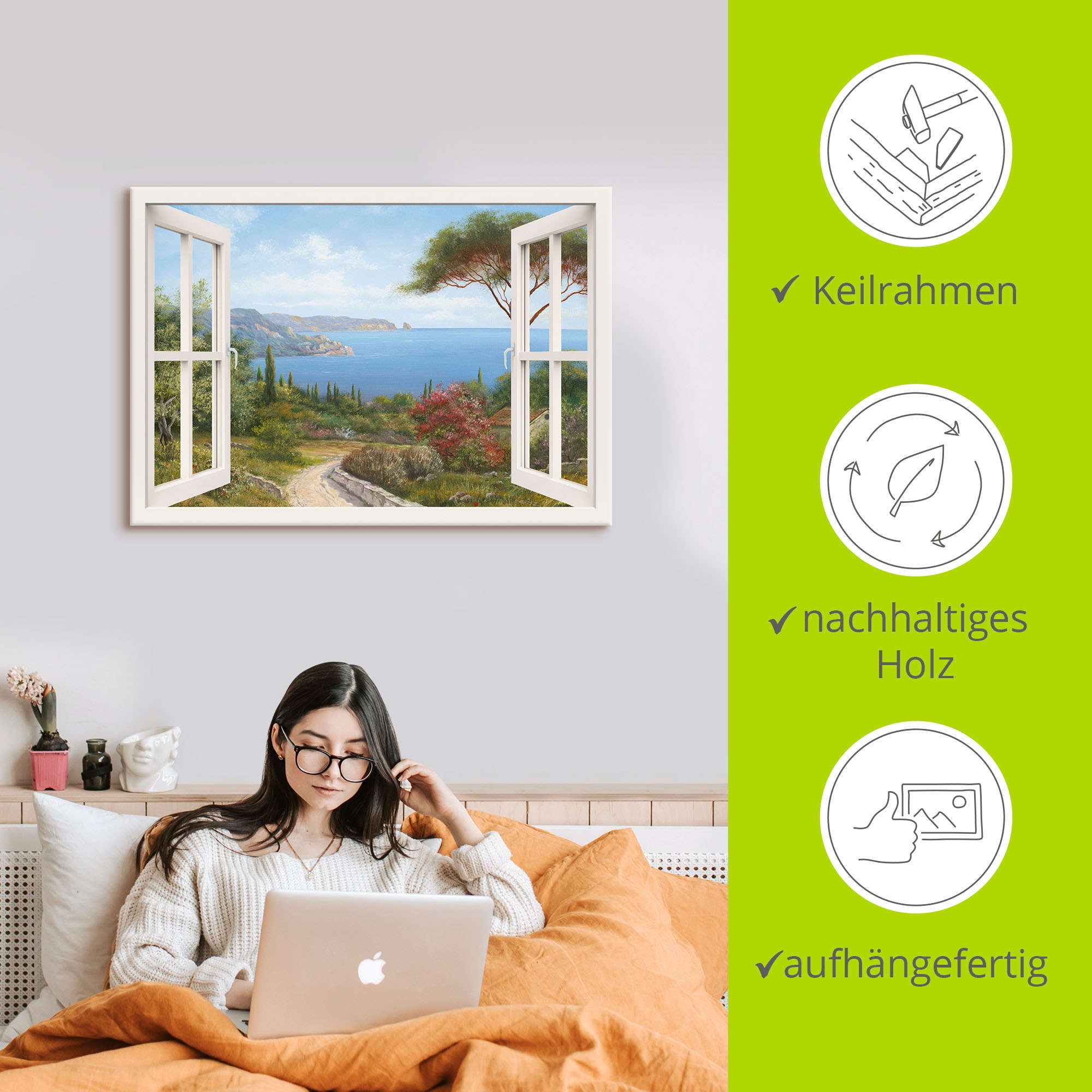 Artland Wandbild »Fensterblick - Haus am Meer I«, Fensterblick, (1 St.), als Leinwandbild, Poster, Wandaufkleber in verschied. Grössen