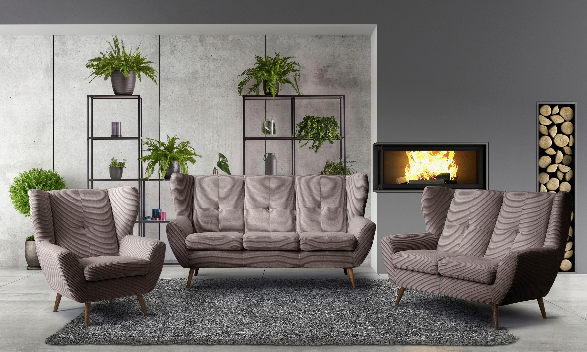 exxpo - sofa fashion 2-Sitzer »ALVESTA, Loungesofa, Küchensofa, hoher Sitzkomfort, Ohrenbackensofa«, gemütliche Rückenlehne, mit Knopfheftung und hohen Holzfüssen, in Cord