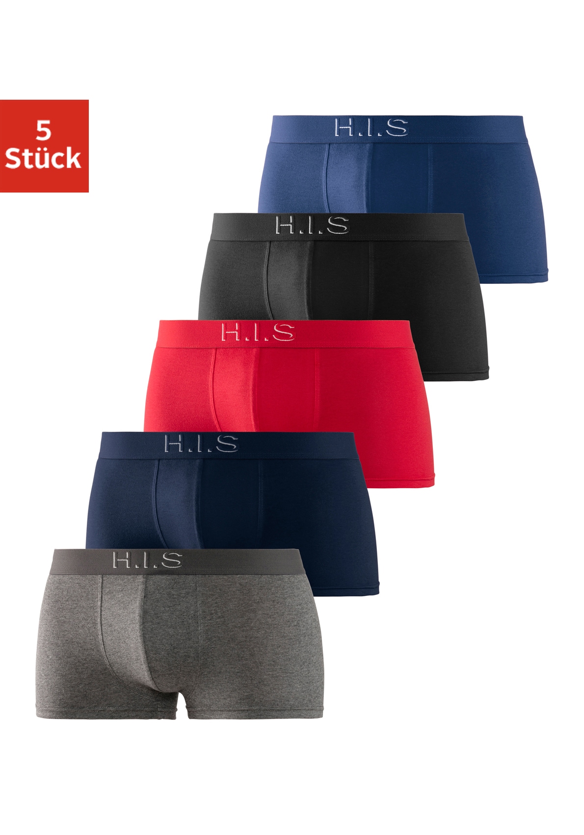 H.I.S Boxershorts, (Packung, 5 St.), in Hipster-Form am Webbund mit Logoschriftzug mit 3D Effekt