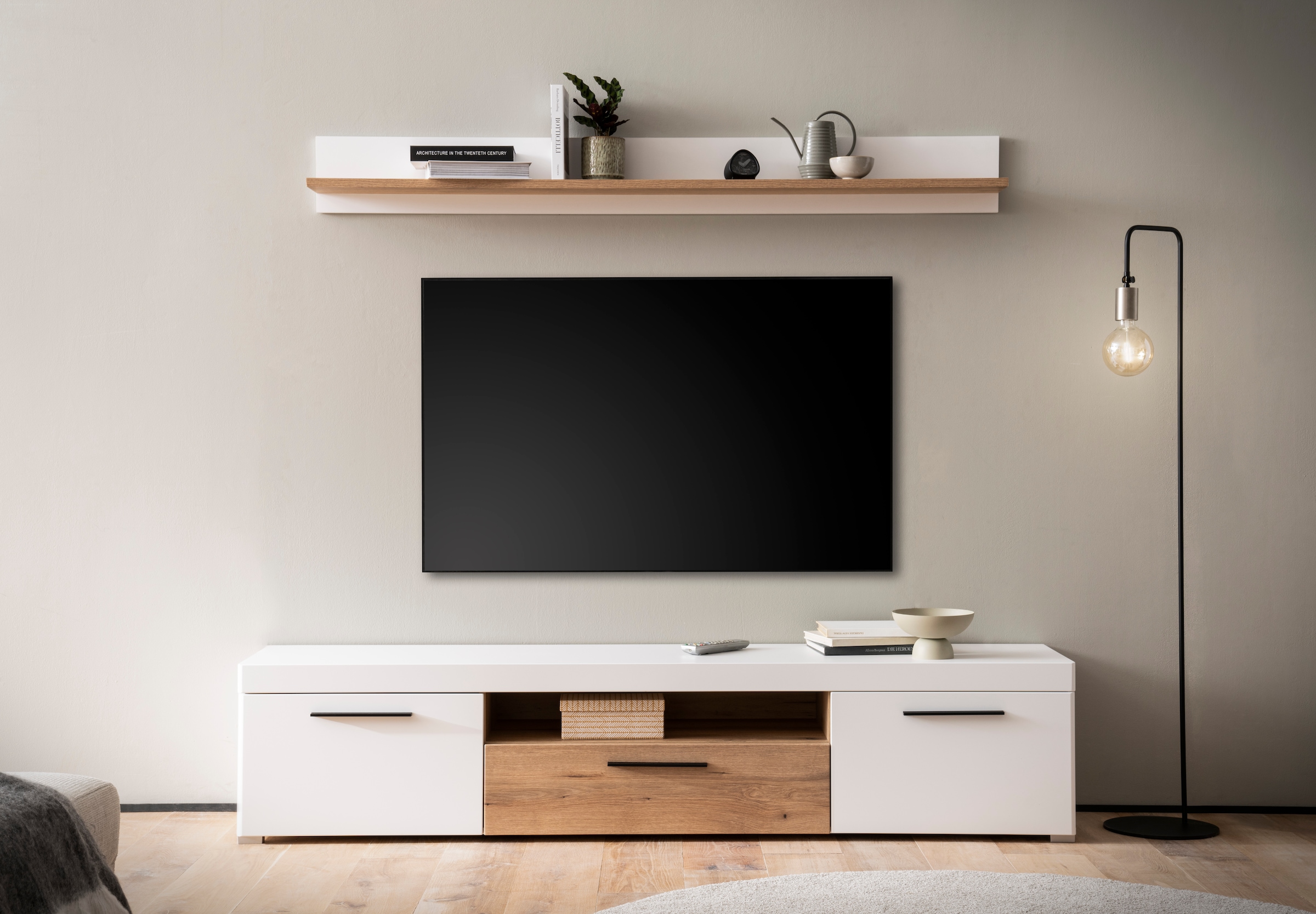 INOSIGN Wandboard »Salerno, modernes Wandregal, Wandhalter mit Ablagefläch, 180 cm breit«, vielseitig einsetzbares Hängeregal, Weiss mit Eiche Evoke Dekor
