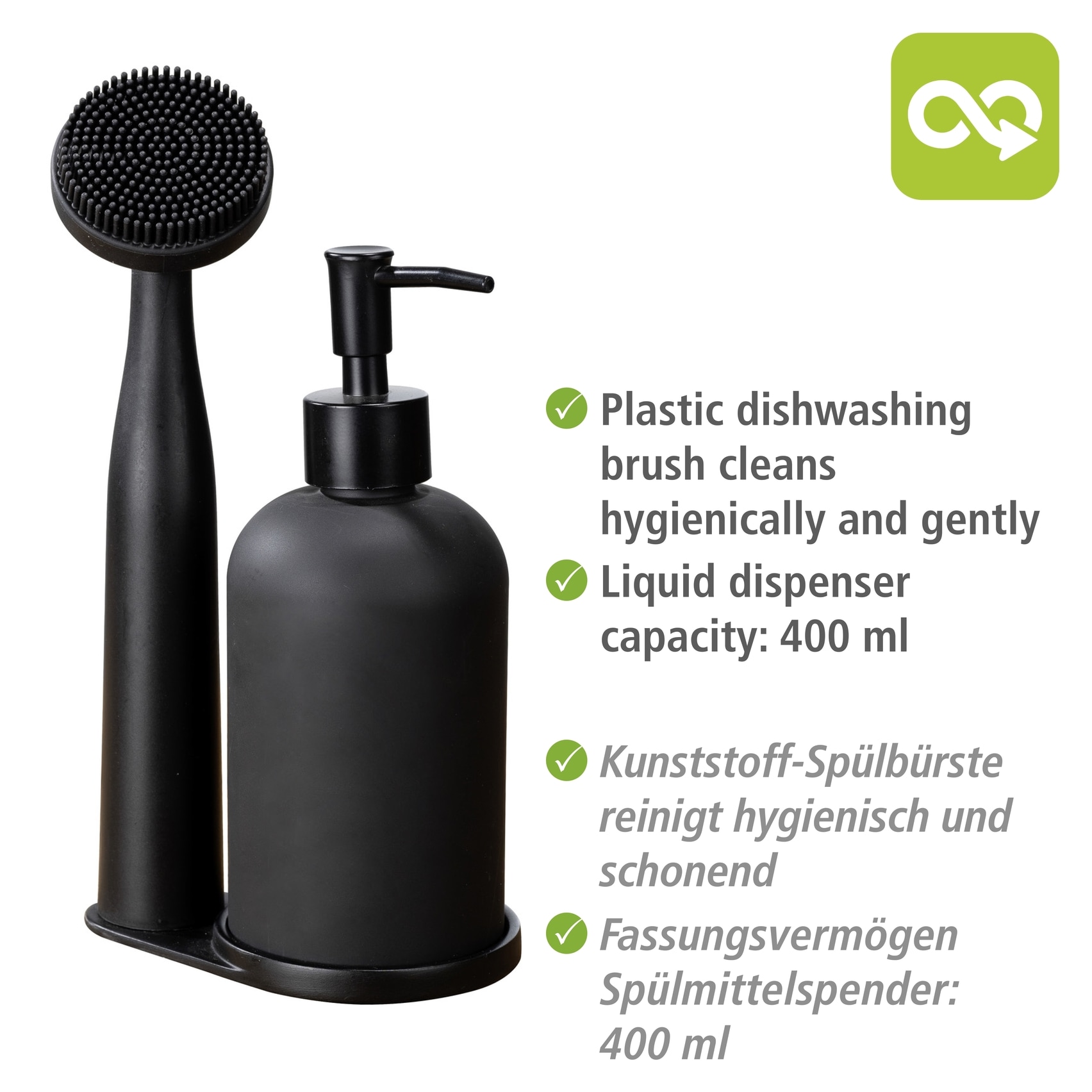 WENKO Spülmittelspender »Modell Piedo«, (Set, 3 tlg.), Spül-Set, inkl. Spülbürste mit Halterung, Glas/Polyresin