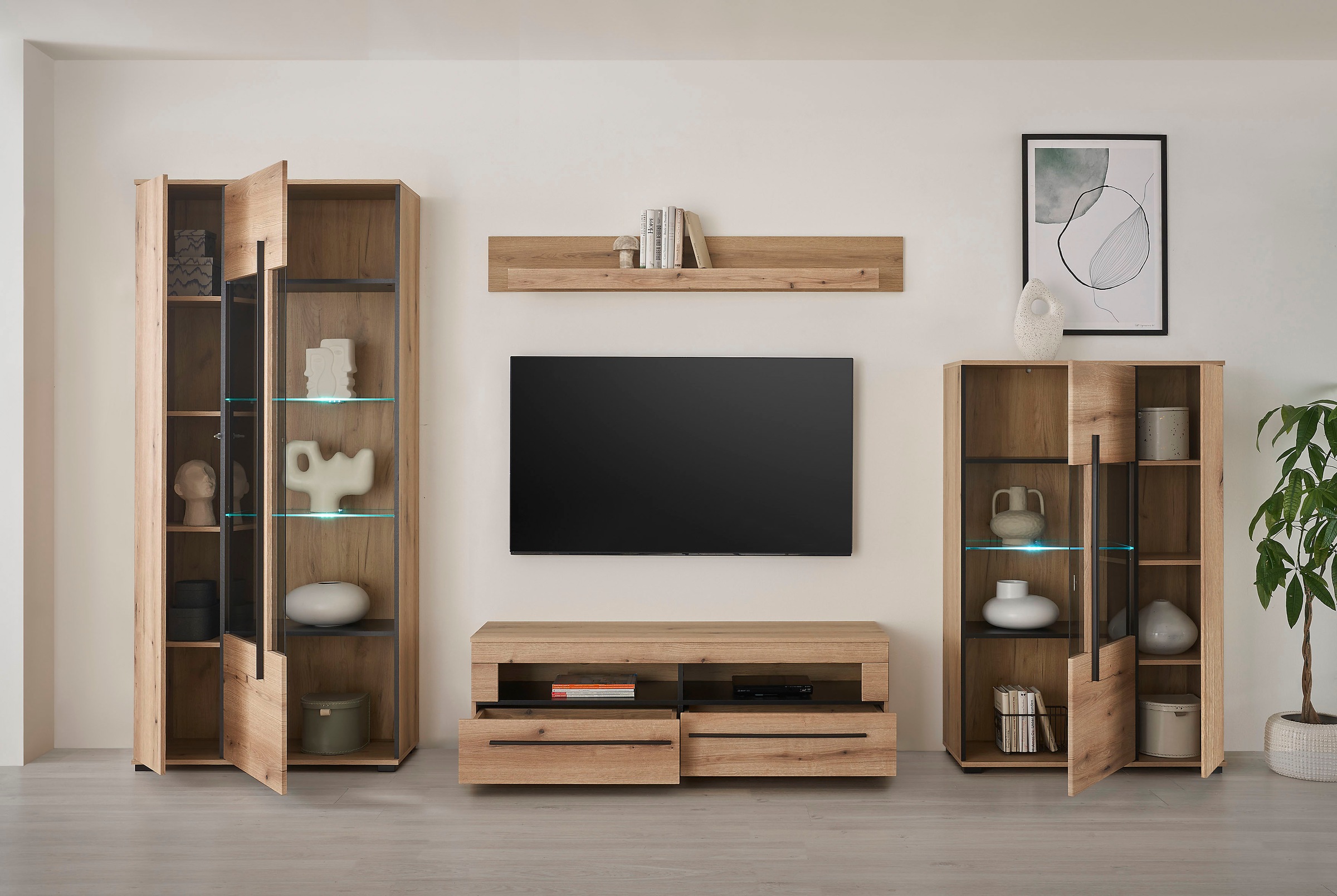 INOSIGN Wohnwand »Cantara, moderne Anbauwand, Wohnzimmer-Set, in Eiche Evoke oder Weiss«, (Set), enthält zwei Vitrinen, ein Lowboard und ein Wandboard