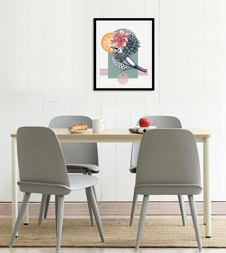 queence Bild »Birdy«, Vögel-Vogelbilder-Blumen-Blumenbilder-Abstrakt-Pflanzen-Pflanzenbilder, (1 St.), gerahmt