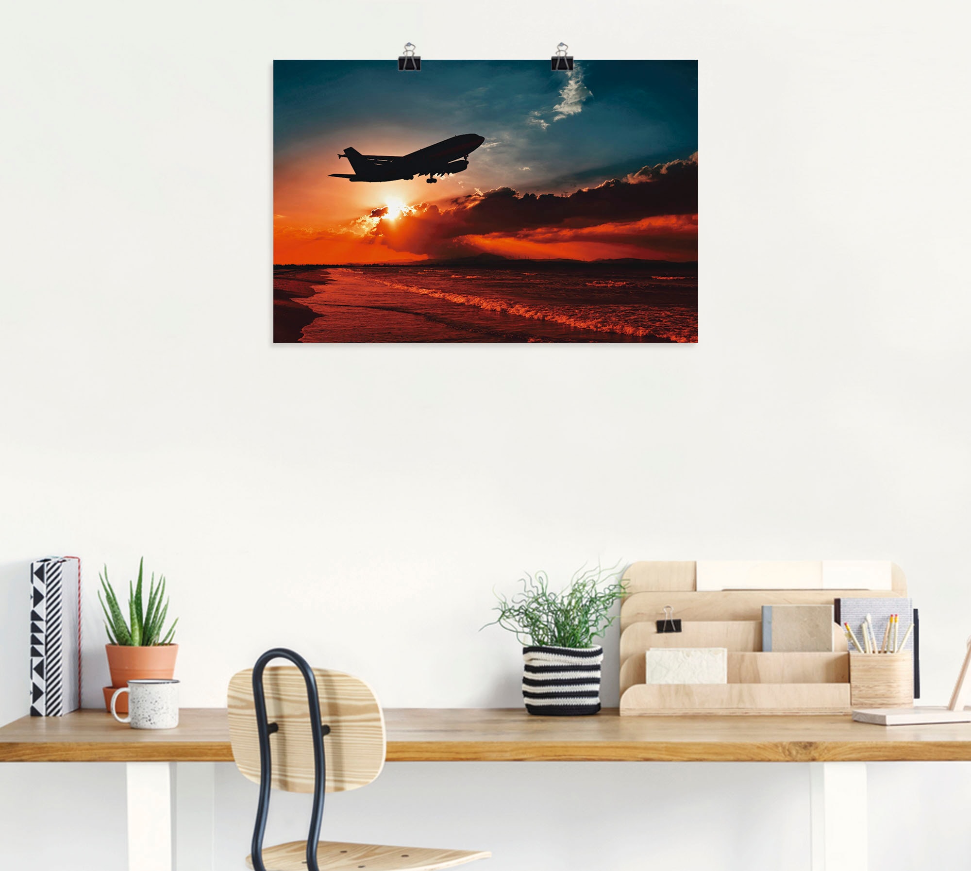 Artland Poster »Startendes Linienflugzeug am Abendhimmel«, Flugzeuge & Helikopter, (1 St.), als Alubild, Leinwandbild, Wandaufkleber oder Poster in versch. Grössen