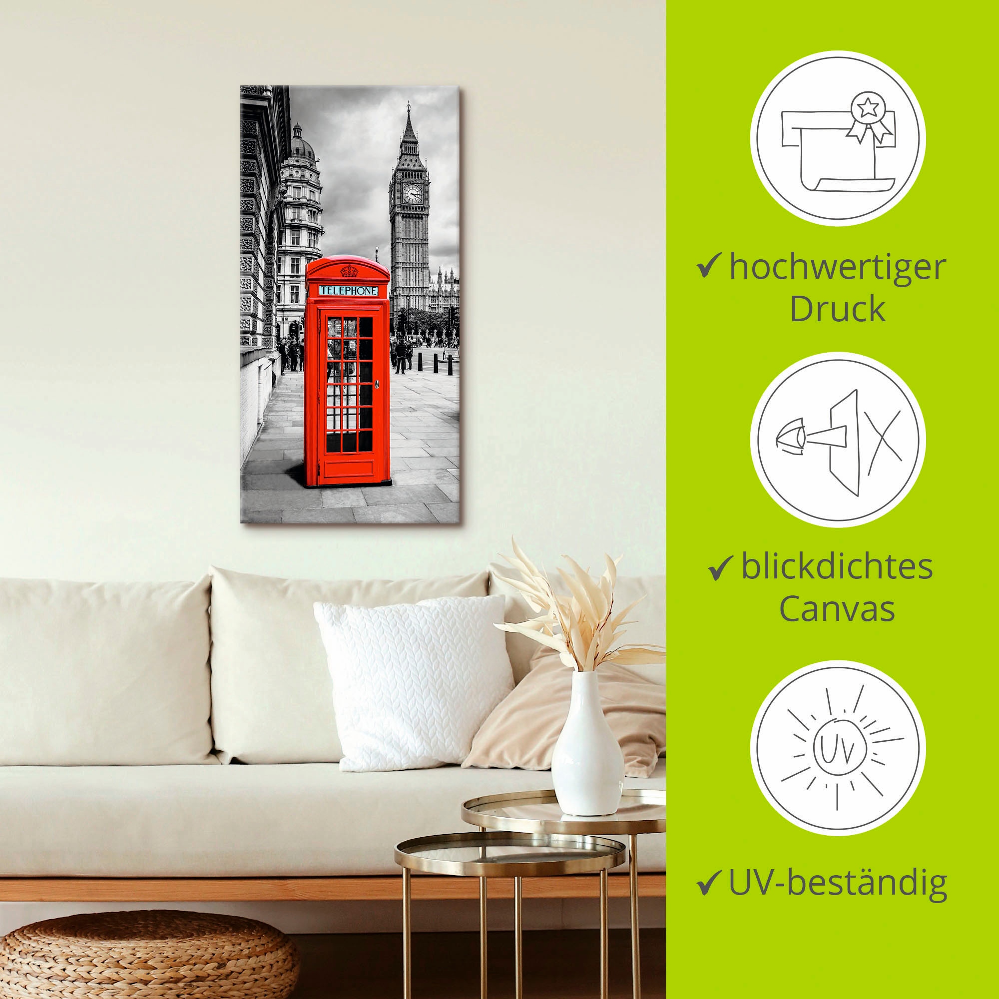 Artland Wandbild »London Telefonzelle«, Architektonische Elemente, (1 St.), als Alubild, Outdoorbild, Leinwandbild in verschied. Grössen
