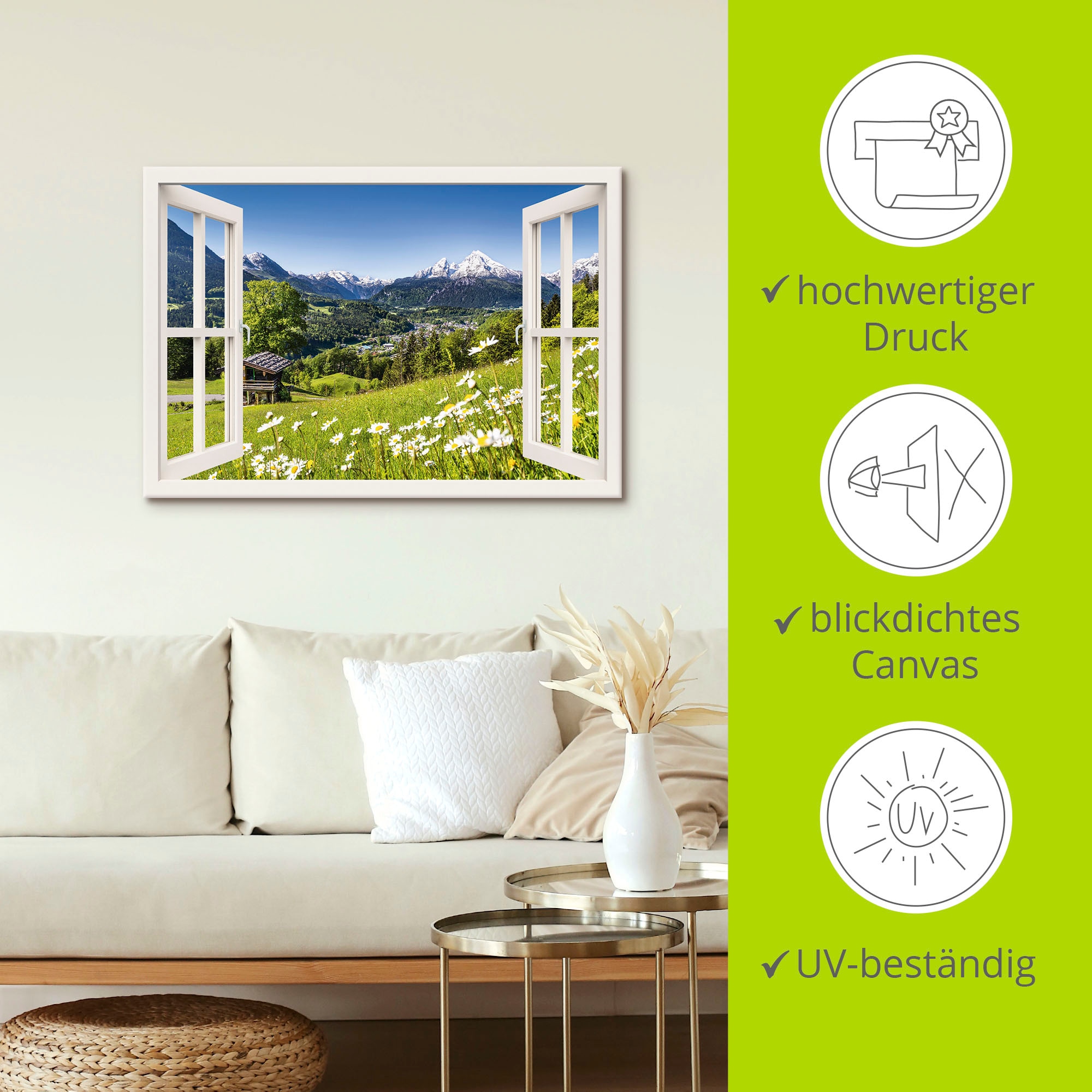 Artland Wandbild »Fensterblick Bayerischen Alpen«, Berge, (1 St.), als Alubild, Leinwandbild, Wandaufkleber oder Poster in versch. Grössen