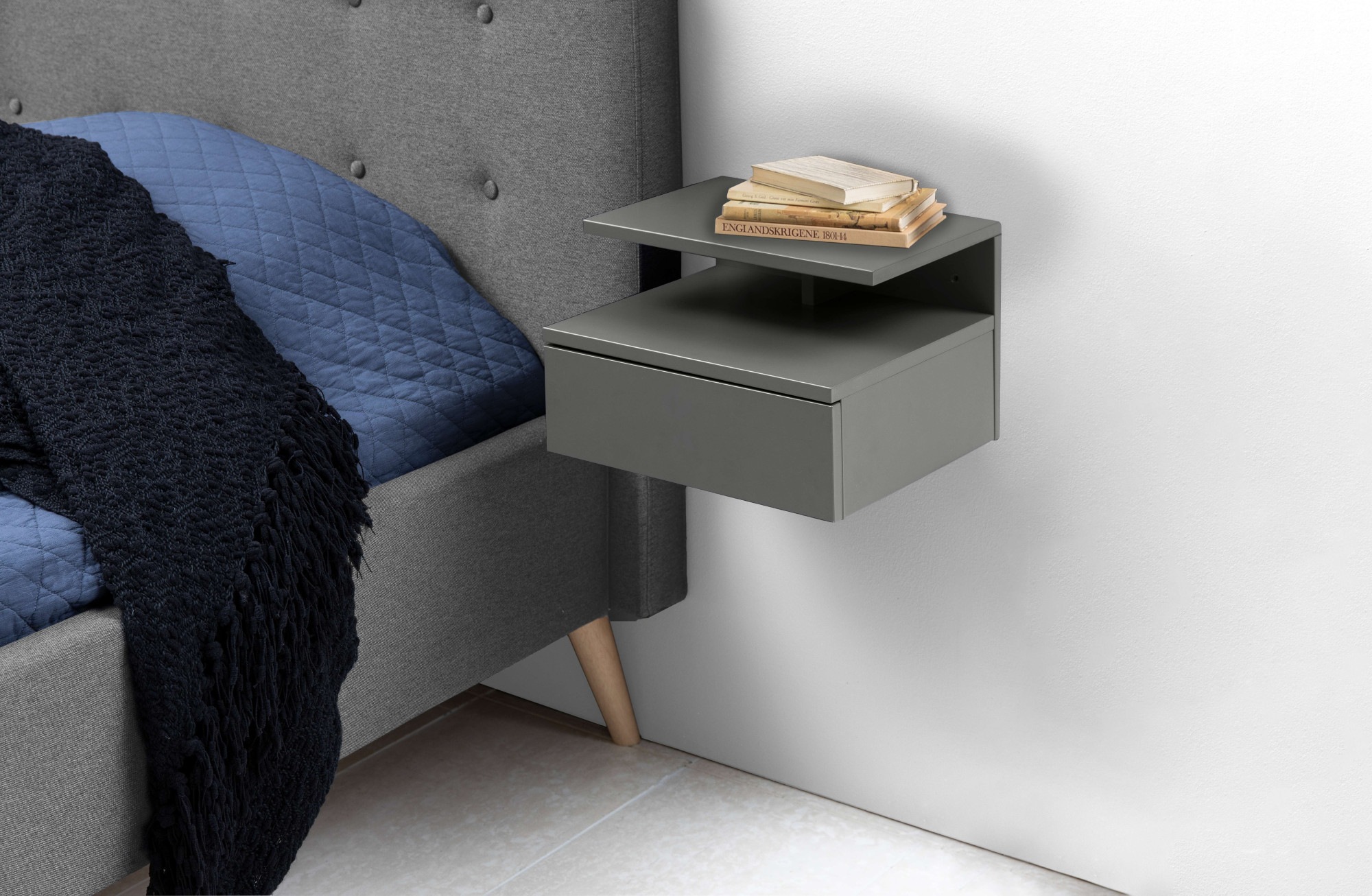 Ashlan Bedside Table with 1 Drawer in Grey, Grey