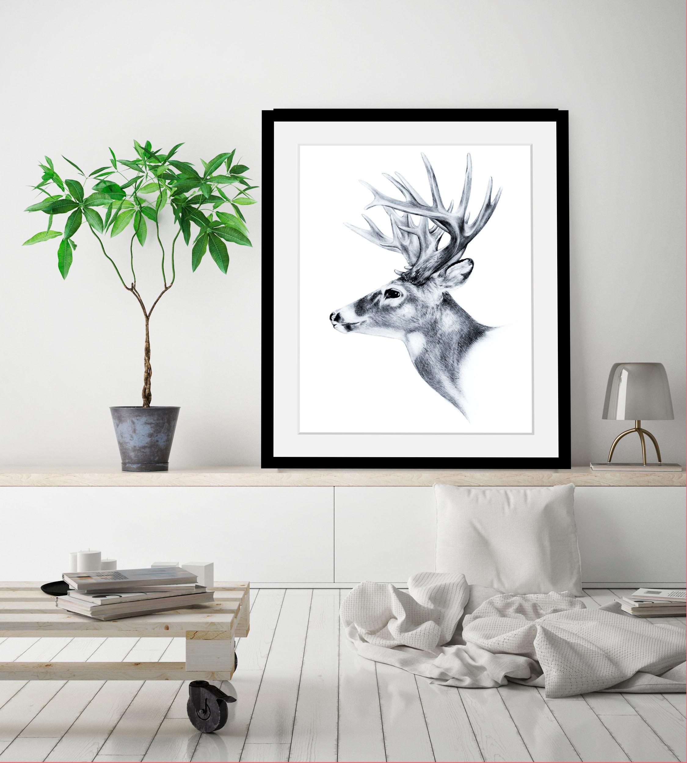 queence Bild »Hirsch«, Hirsch-Tiere-Wildtiere-Hirschbilder-Schwarz-Weiss, HD Premium Poster-Druck inkl. Holzrahmen