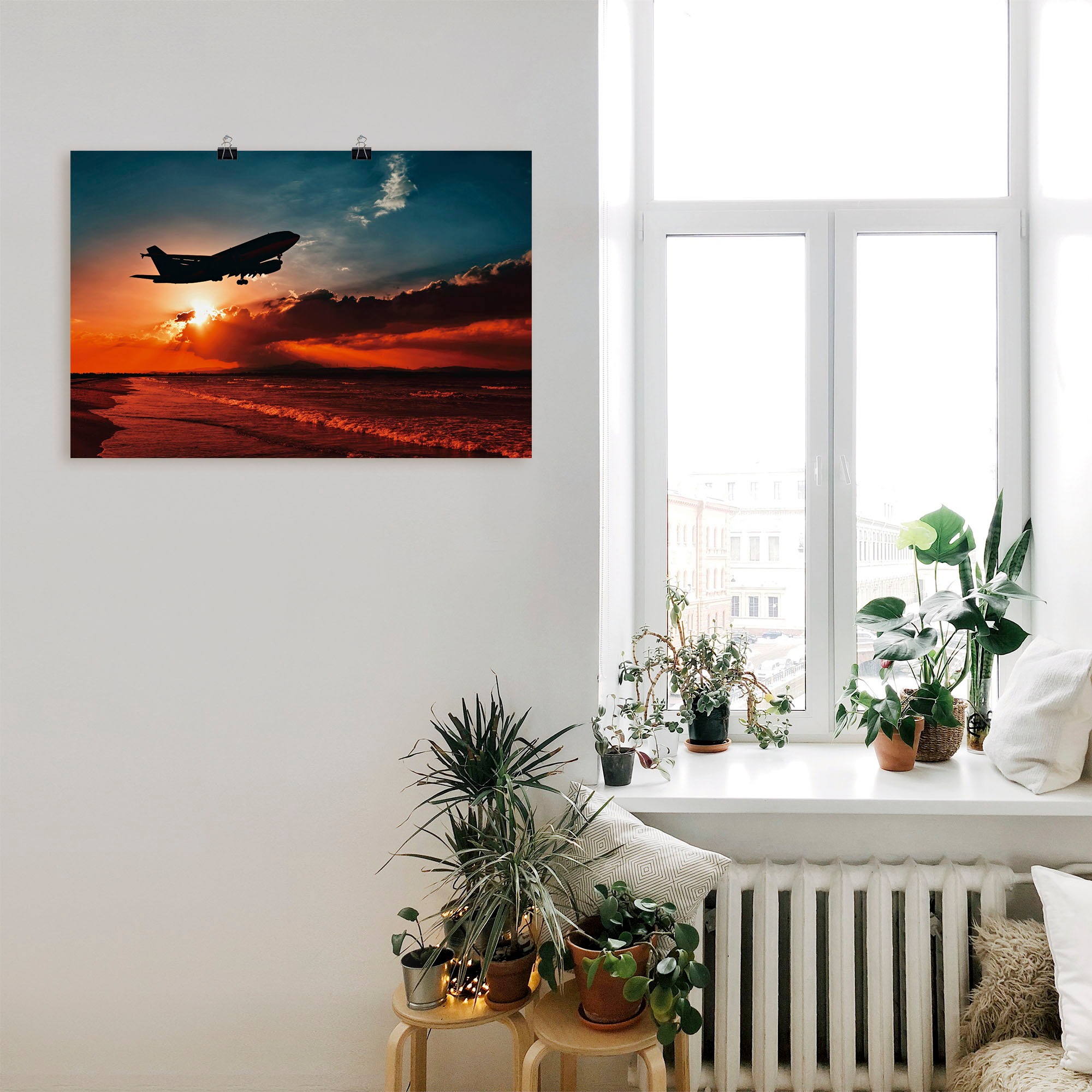 Artland Poster »Startendes Linienflugzeug am Abendhimmel«, Flugzeuge & Helikopter, (1 St.), als Alubild, Leinwandbild, Wandaufkleber oder Poster in versch. Grössen