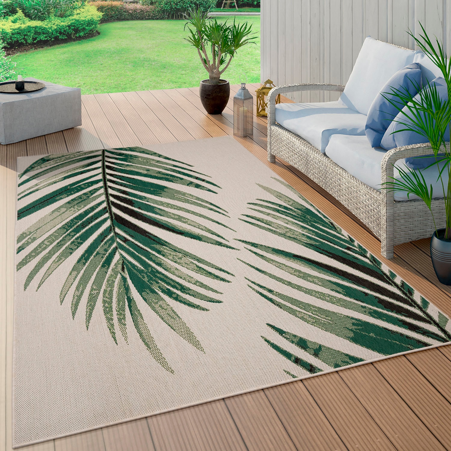 Paco Home Teppich In- rechteckig, und Outdoor Motiv online Wohnzimmer | shoppen geeignet, Jelmoli-Versand 554«, Flachgewebe, »Ostende Palmenblätter