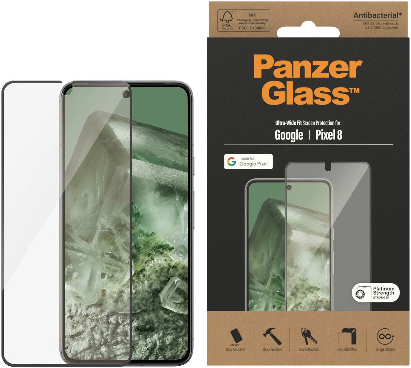 PanzerGlass Displayschutzfolie »Displayschutz Google Pixel 8 - Ultra-Wide Fit« für Google Pixel 8 1 Stk. tlg. Kratz-& Stossfest,Antibakteriell,Berührungsempfindlich,Simpel Anbringen