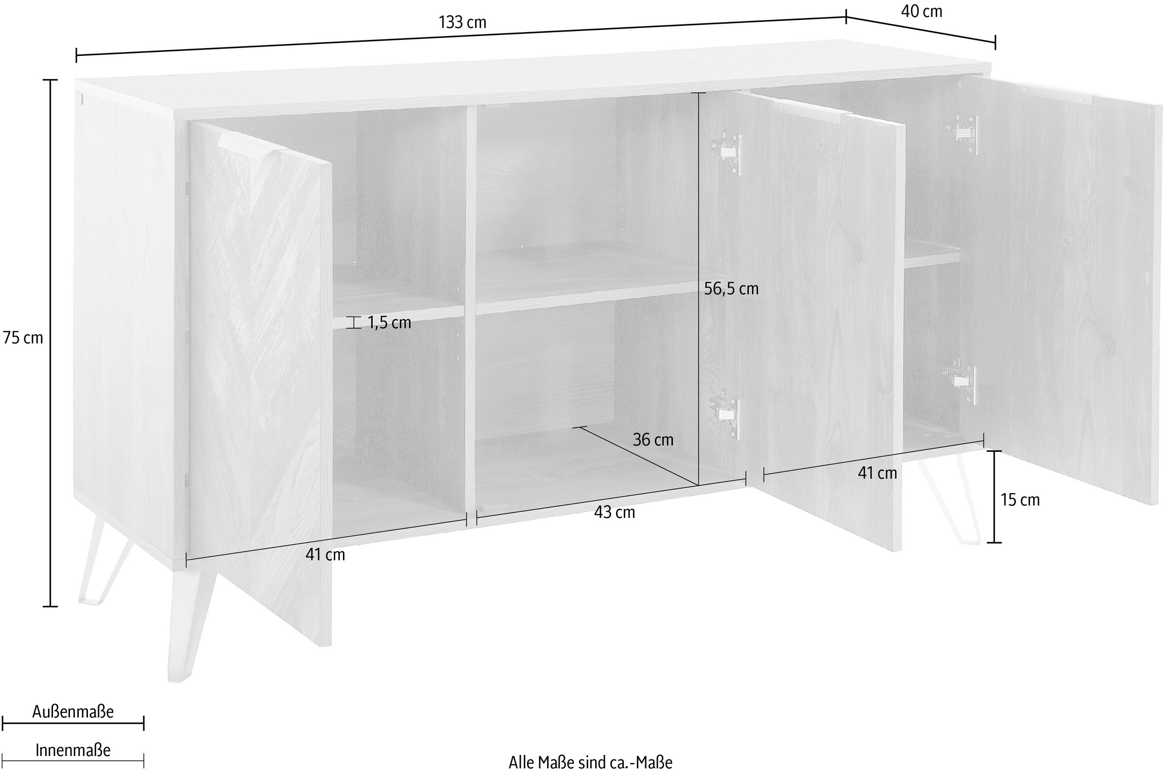 Leonique Sideboard »Nanterie«, aus einer edlen Holzoptik, exklusives Fischgrätenmuster, Breite 133 cm