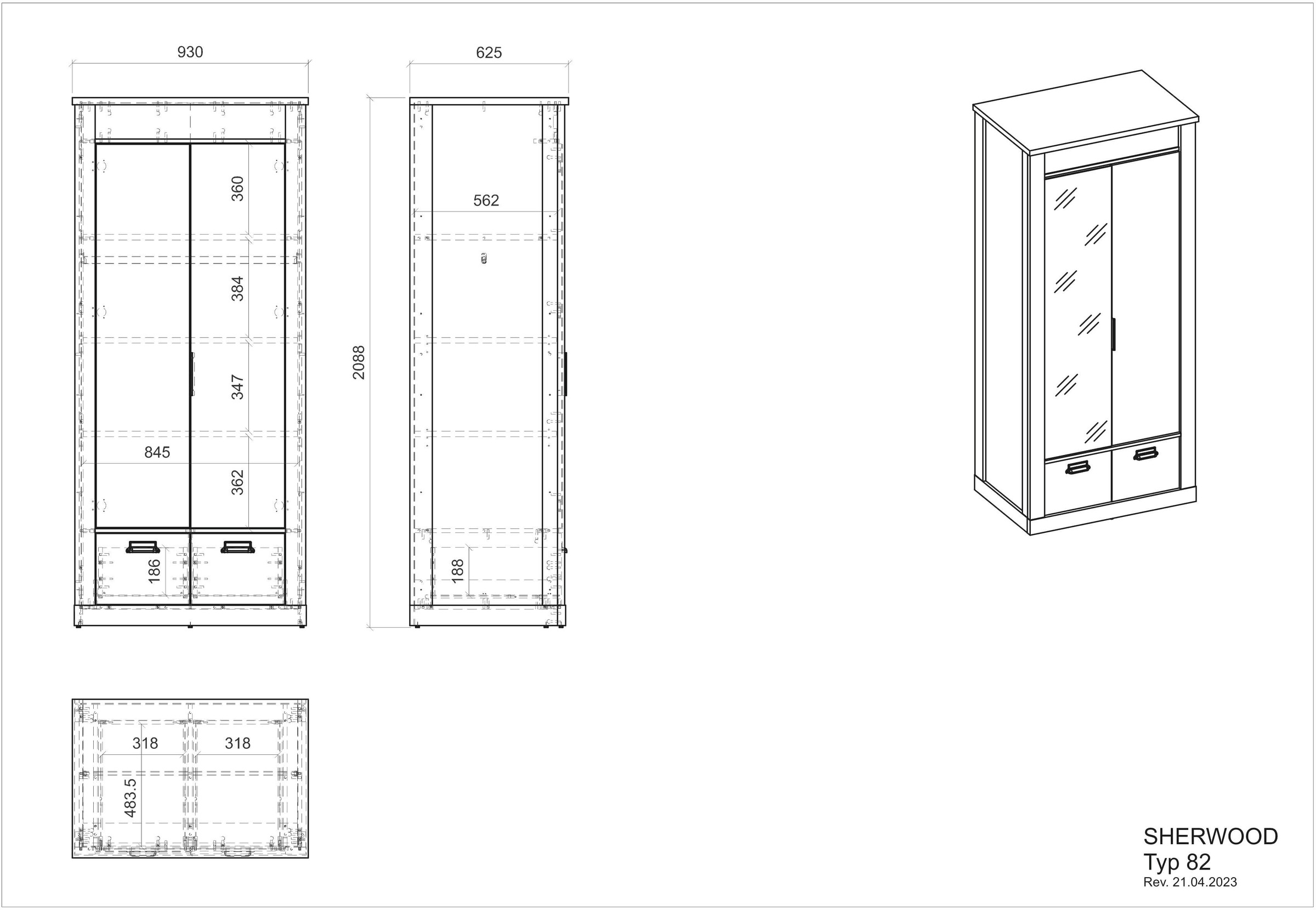 Home affaire Kleiderschrank »SHERWOOD Wäscheschrank Garderobe mit Spiegel«, wahlweise mit Kleiderstange oder Einlegeböden nutzbar, Breite 93 cm