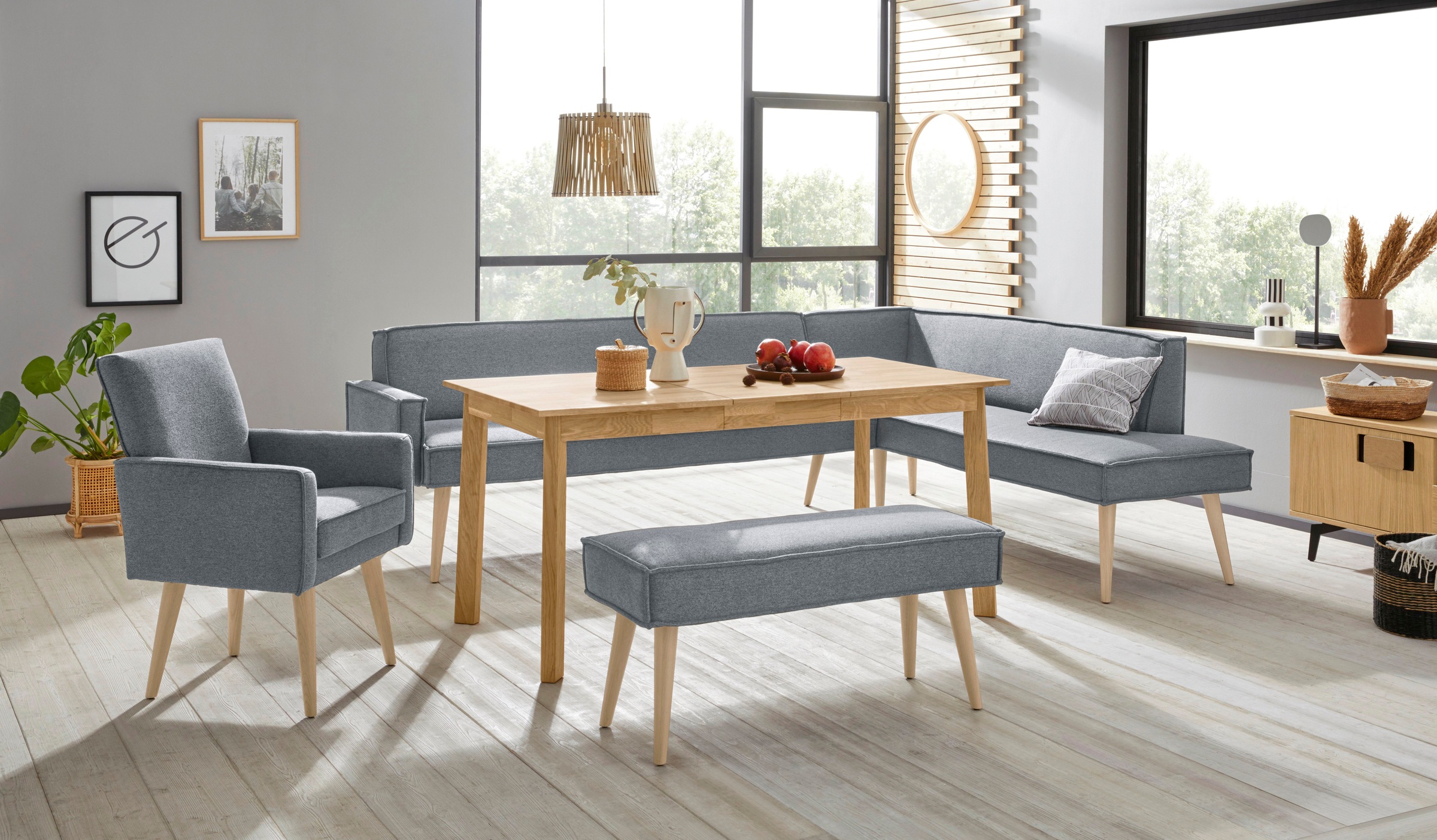 exxpo - sofa fashion Eckbank »Lungo, moderne Kedernaht, bequem und elegant, hoher Holzfuss«, hochwertige Detailverarbeitung, frei im Raum stellbar