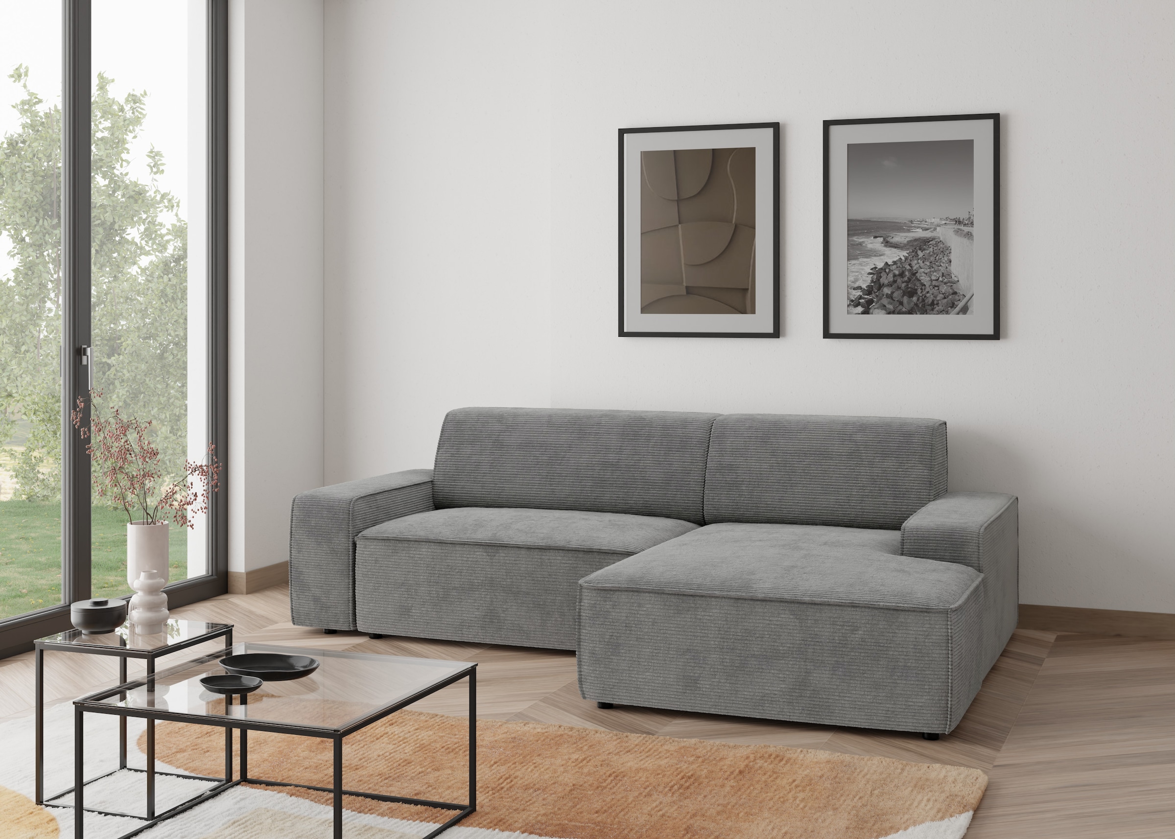 TRENDMANUFAKTUR Ecksofa "Graz, wahlweise mit Sitzvorschub und Bettkasten, L-Form, Breite 246 cm" in Cord-, haustierfreundlichem LEO Struktur- oder LUMOS-3D-Bezug