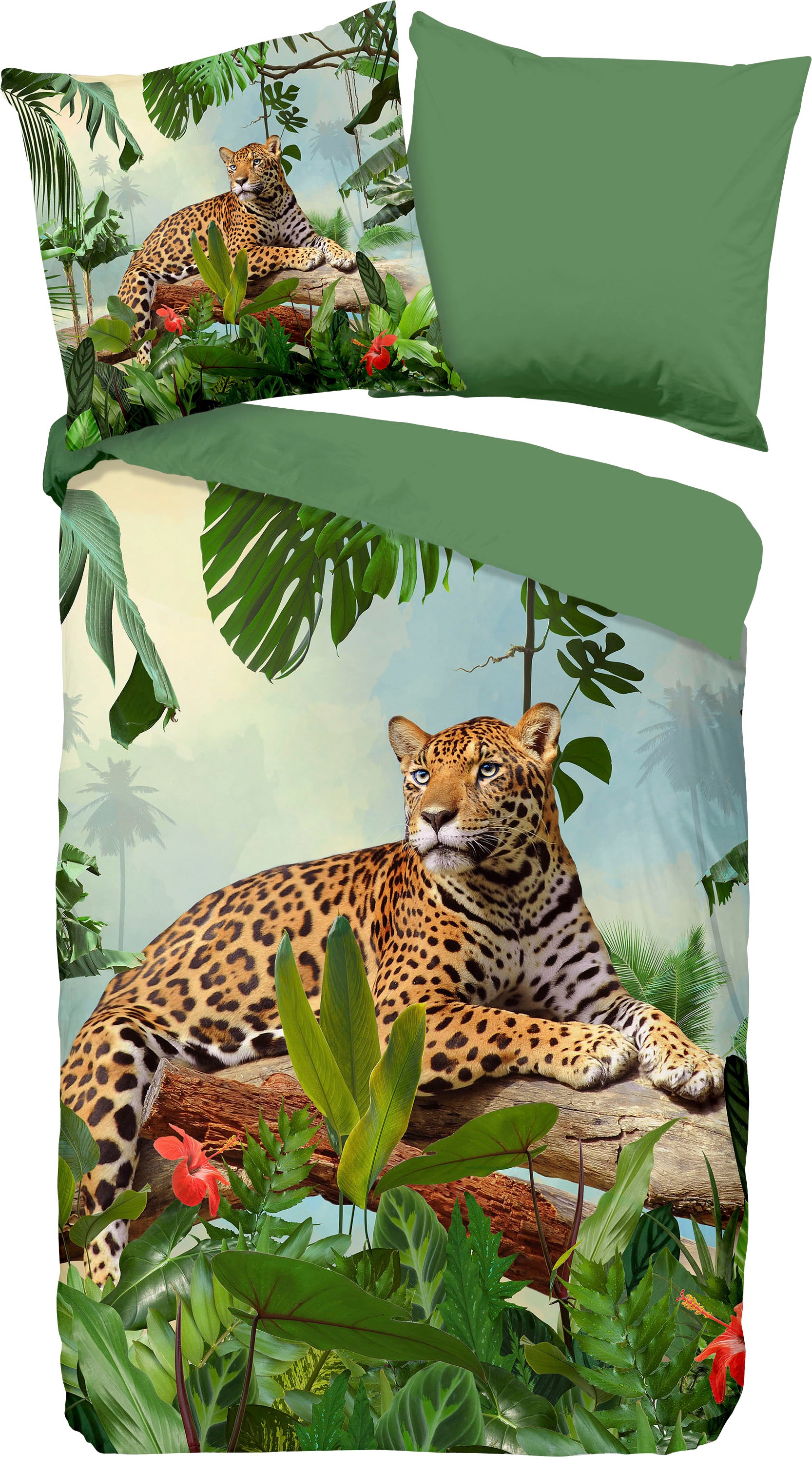 good morning Wendebettwäsche »Jungle«, Baumwolle, 135x200, 2 Teilig, Reissverschluss, Wendeoptik, Grün Leopard