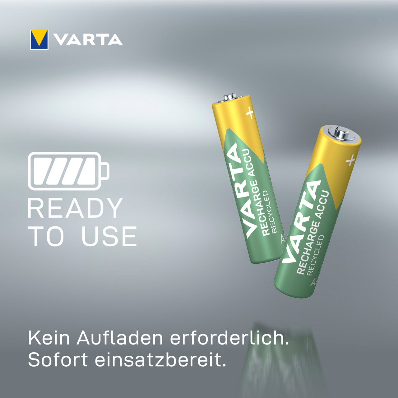VARTA wiederaufladbare Batterien »wiederauflaudbare Akkus«, 1,2 V, (Packung, 4 St.), VARTA Recharge Accu Recycled, Ready-To-Use vorgeladener AAA Micro Ni-MH Akku (4er Pack, 800mAh) - aus 11% recyceltem Material - wiederaufladbar ohne Memory Effekt