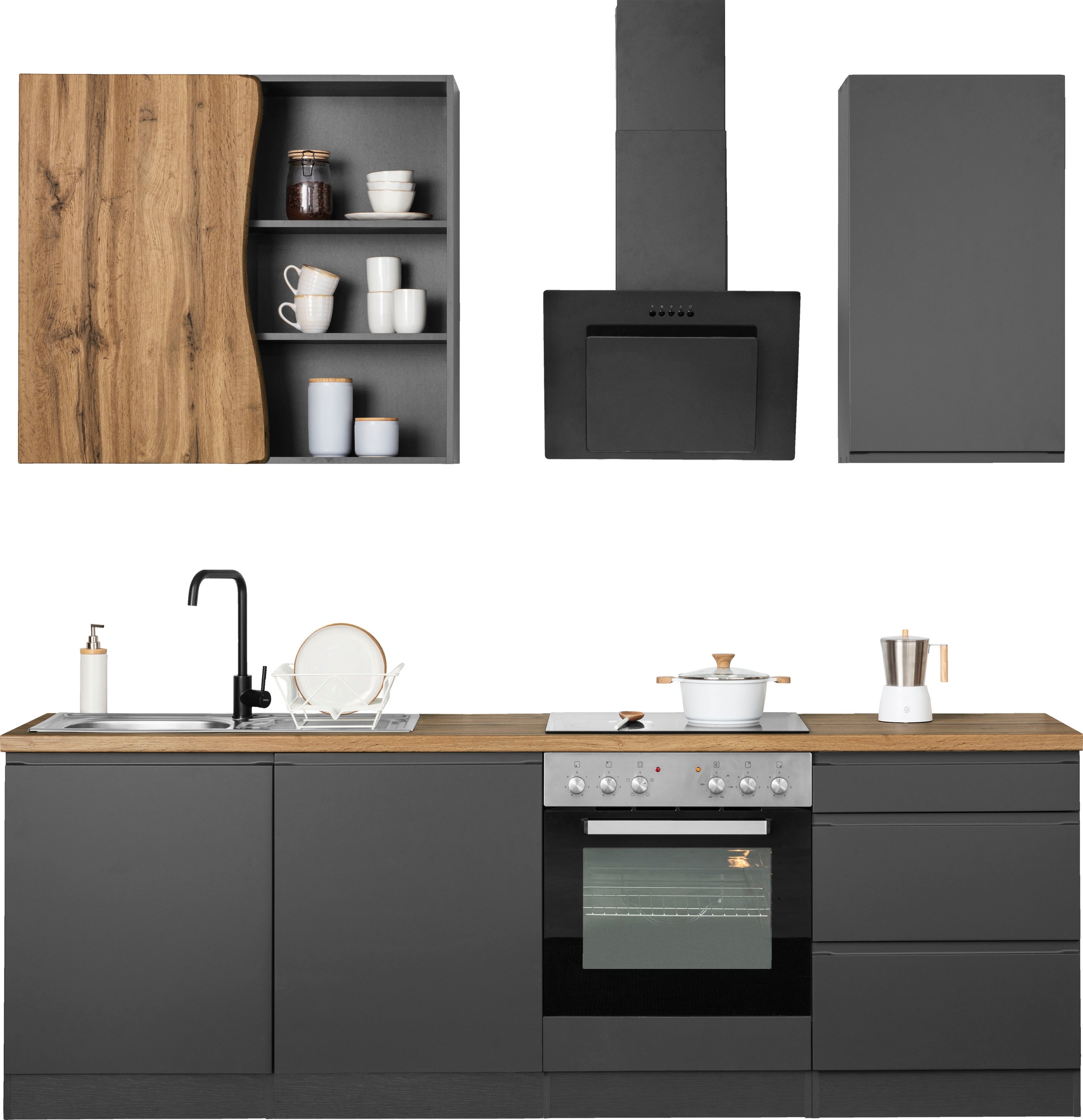 KOCHSTATION Küchenzeile "KS-Bruneck" 240cm breit, wahlweise mit oder ohne E-Geräte, hochwertige MDF-Fronten