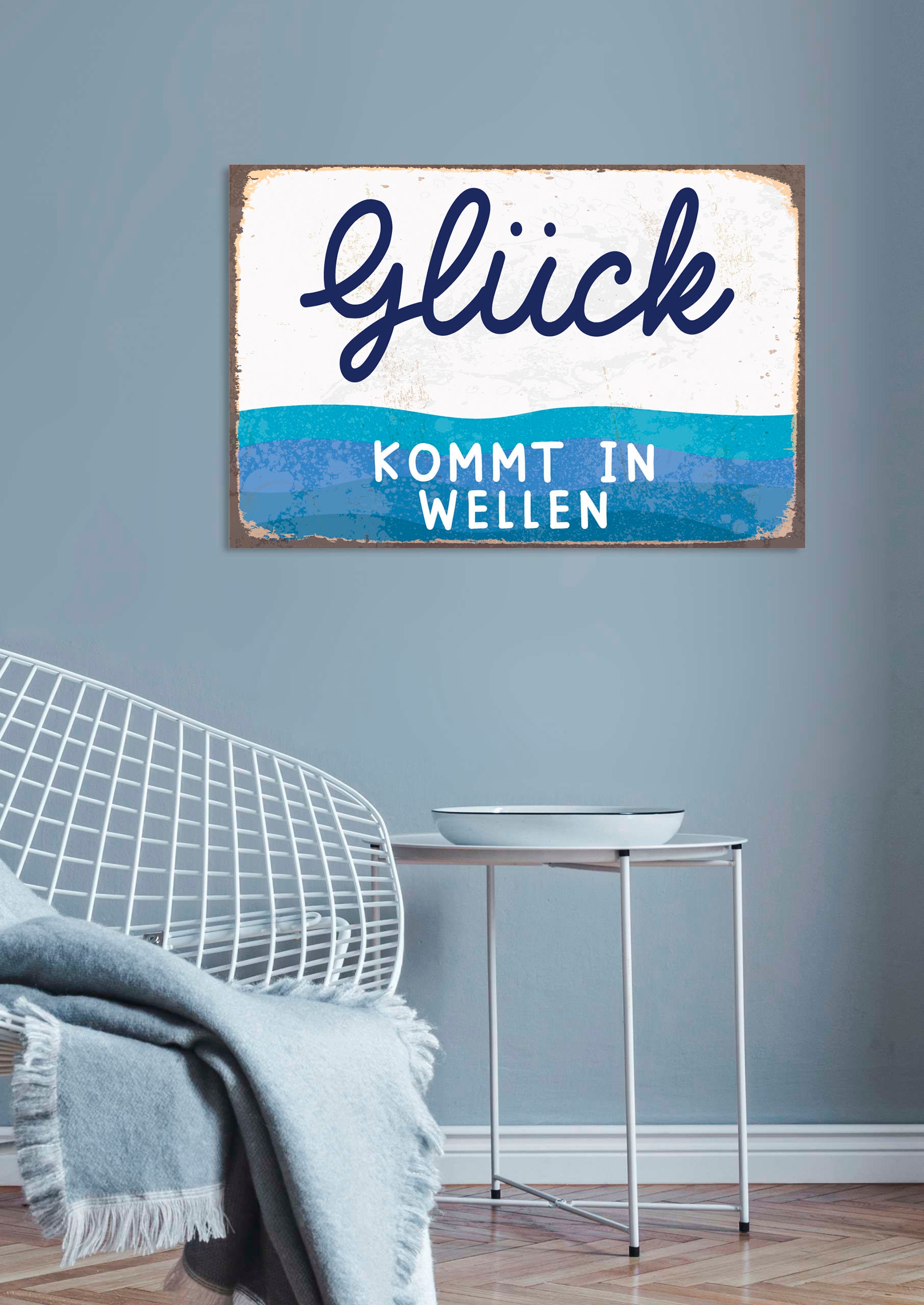 queence Metallbild »Glück kommt in Welle«, Schriftzüge, (1 St.), Stahlschilder