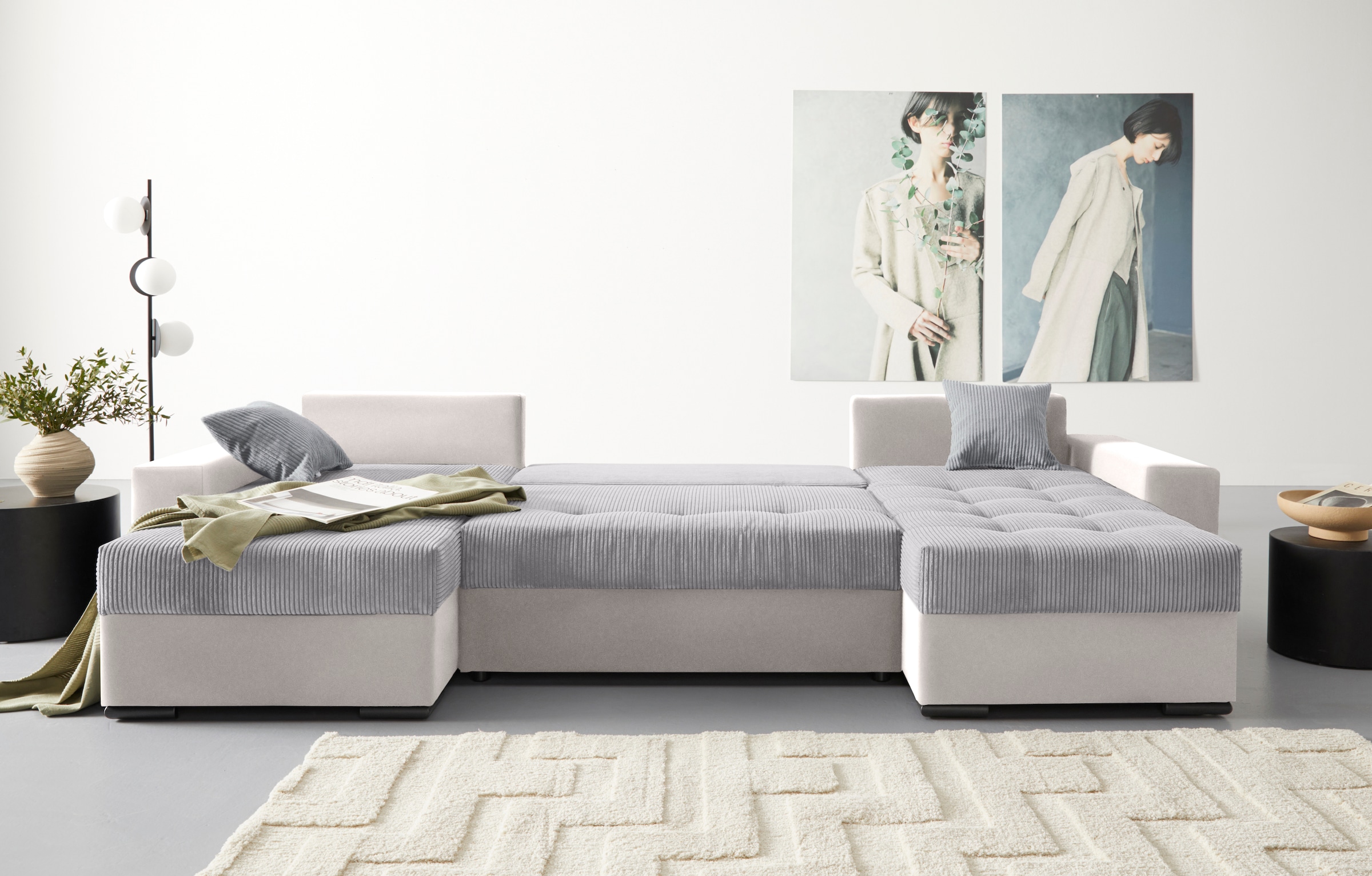 COLLECTION AB Wohnlandschaft »Josy U-Form«, mit Schlaffunktion, Bettkasten und Zierkissen, mit 2 Recamieren