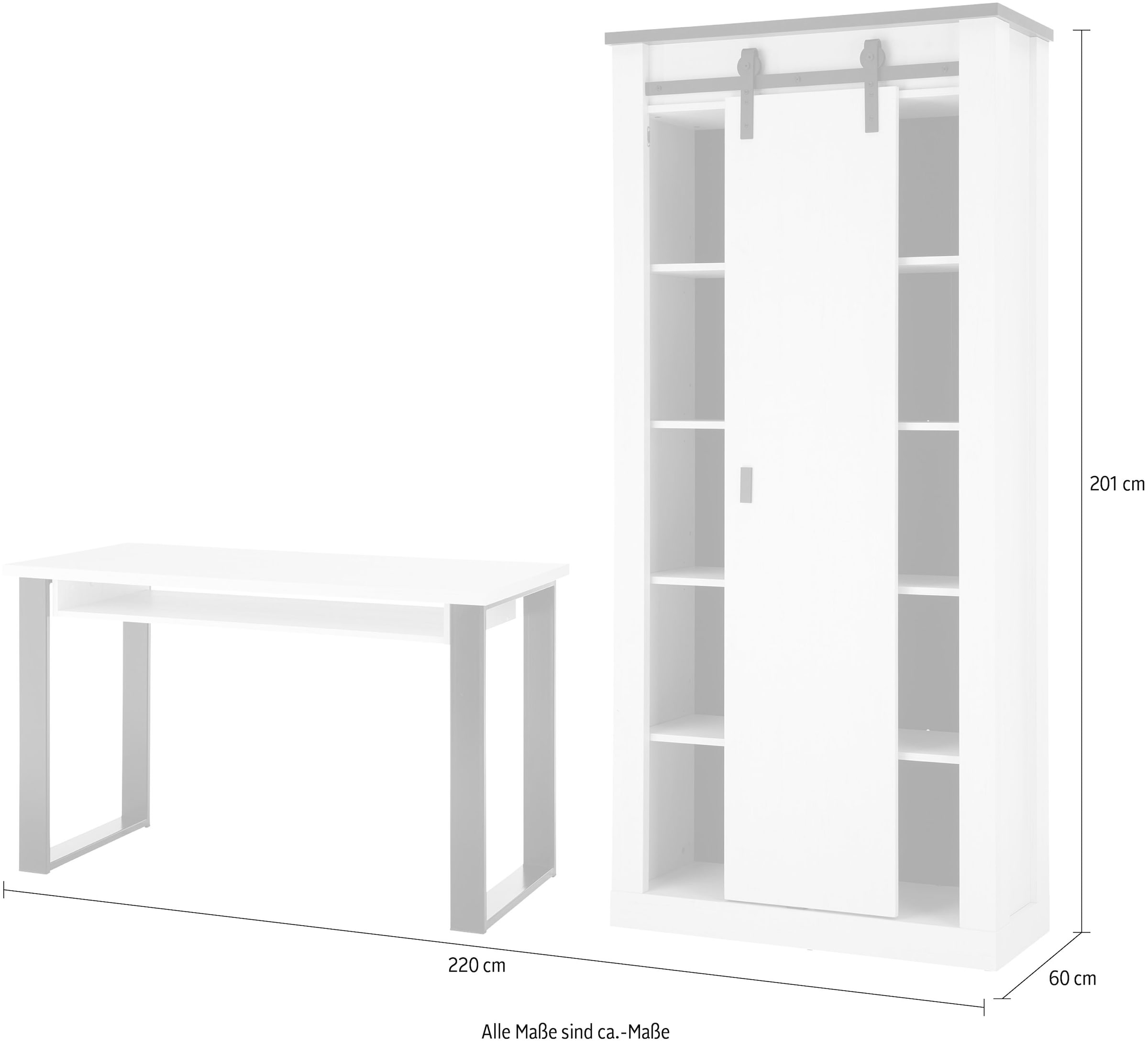 Home affaire Schrank-Set »SHERWOOD«, (2 St.), Büromöbel Set, mit Scheunentorbeschlag aus Metall, Breite ca. 220 cm