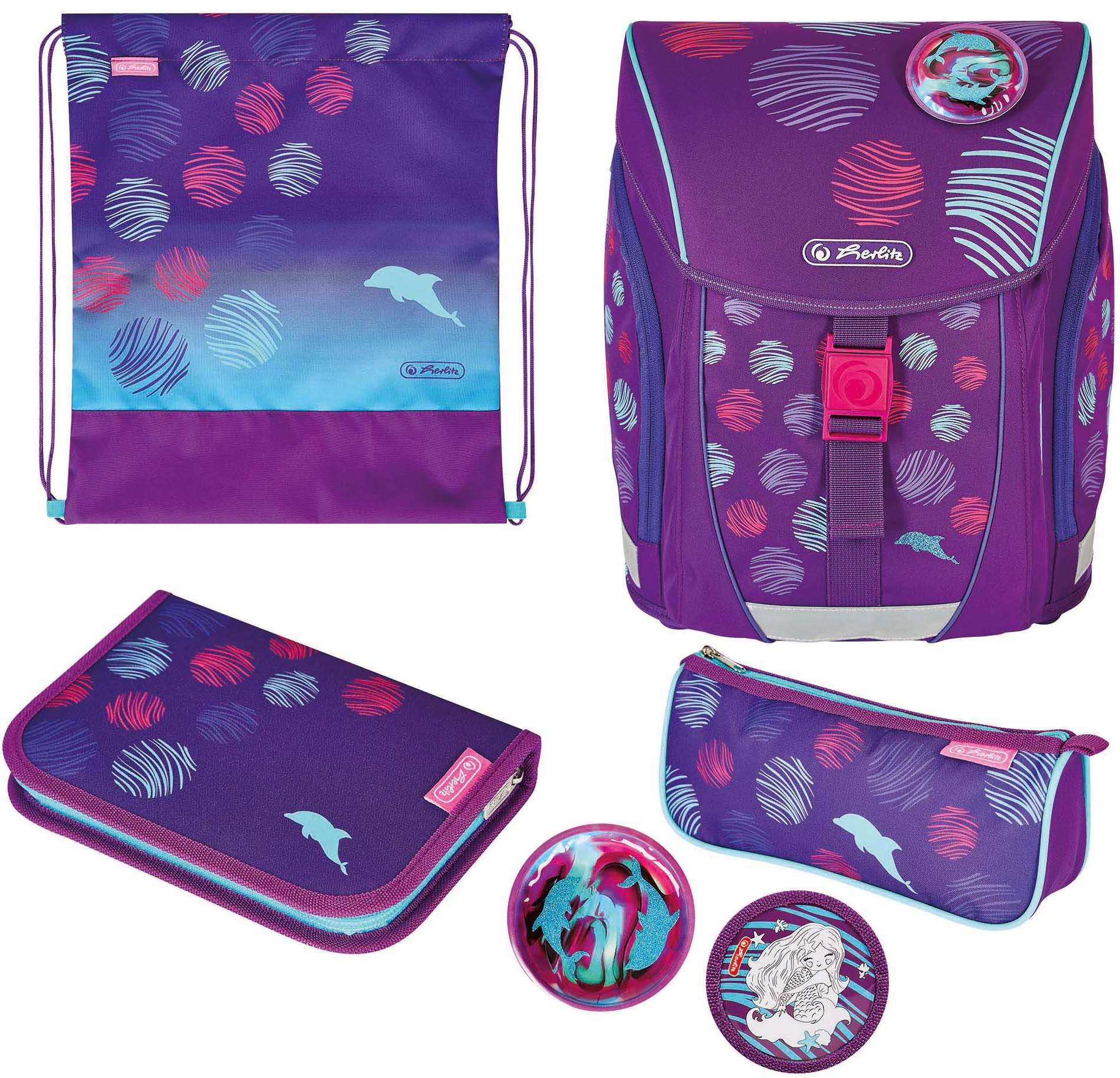 Herlitz Schulranzen »FiloLight Plus, Sea Bubbles«, Floureszierende Flächen-reflektierende Streifen auf den Schultergurten-Reflektoren, mit Sportbeutel, Etui, Faulenzer und Sportbeutel