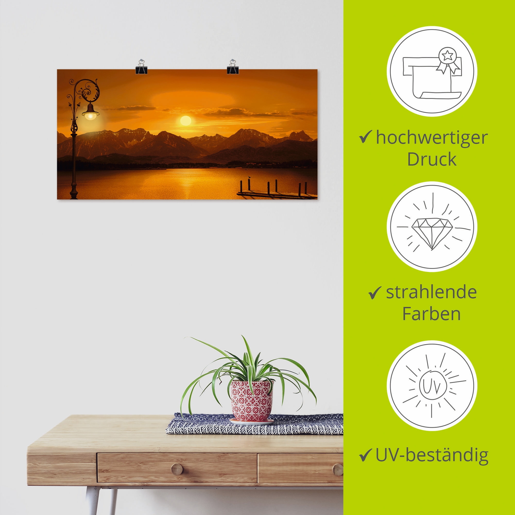 Artland Poster »Der Bergsee im Abendlicht«, Berge, (1 St.), als Leinwandbild, Wandaufkleber oder Poster in versch. Grössen