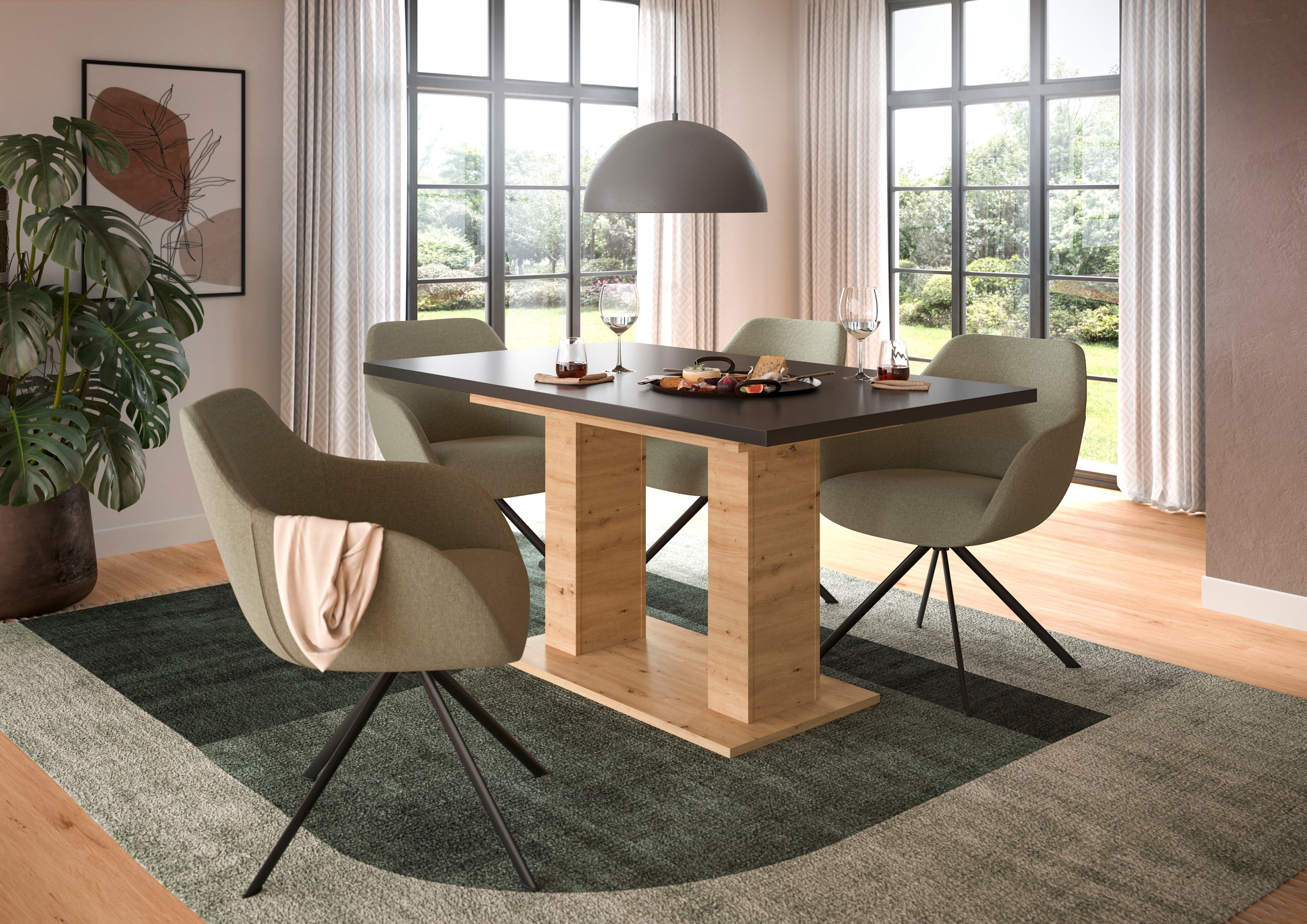 Home affaire Esstisch "Motus, ausziehbar 150 -190 cm, inklusive 40 cm Einlegeplatte" Set, 1 Stk. tlg. Doppelsäulengestell mit Bodenplatte, Tisch, Esstisch, Küche