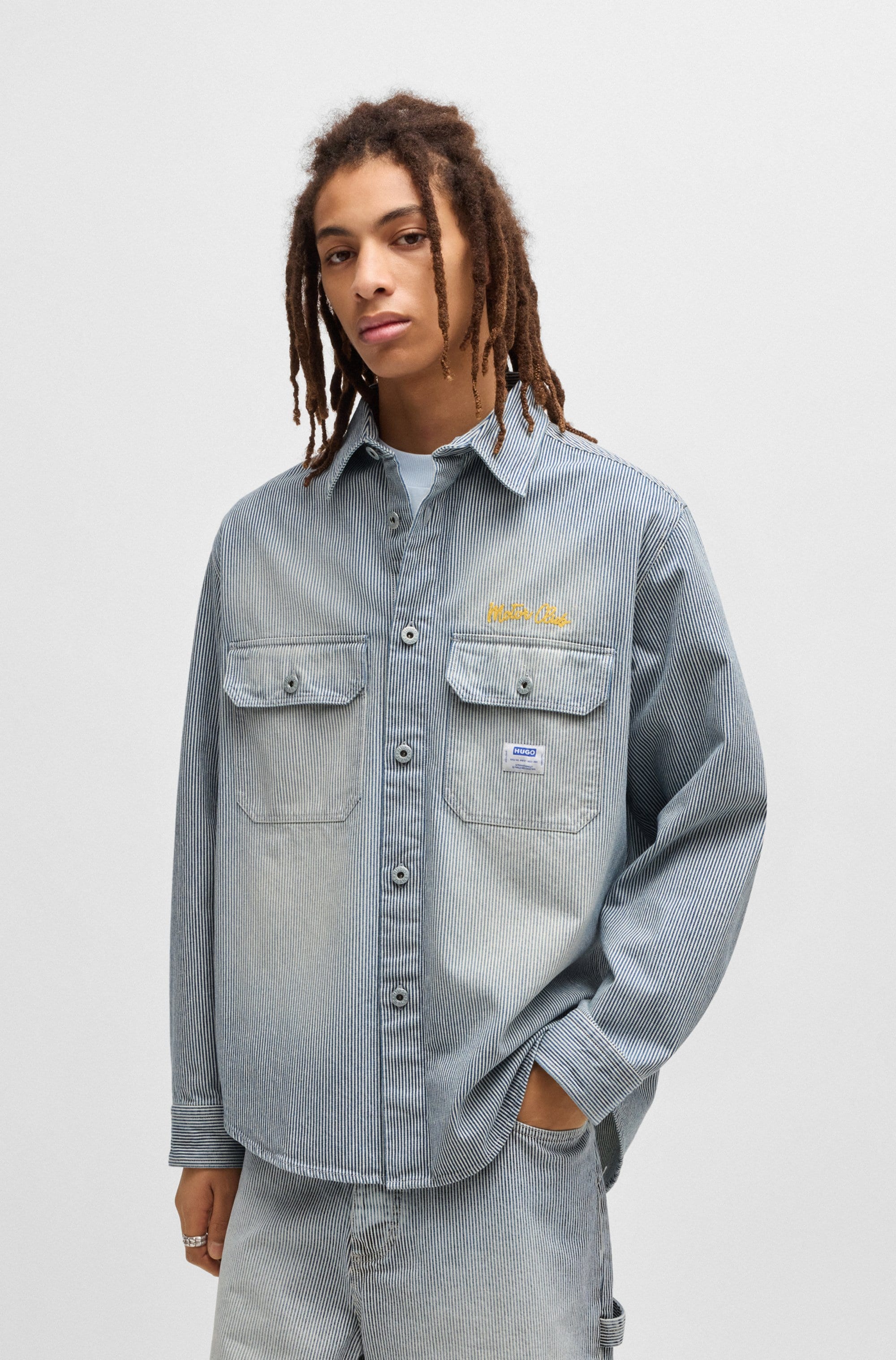 HUGO Blue Langarmhemd »Ebolt«, mit HUGO Badge, Overshirt Skater Baggy Pinstripe