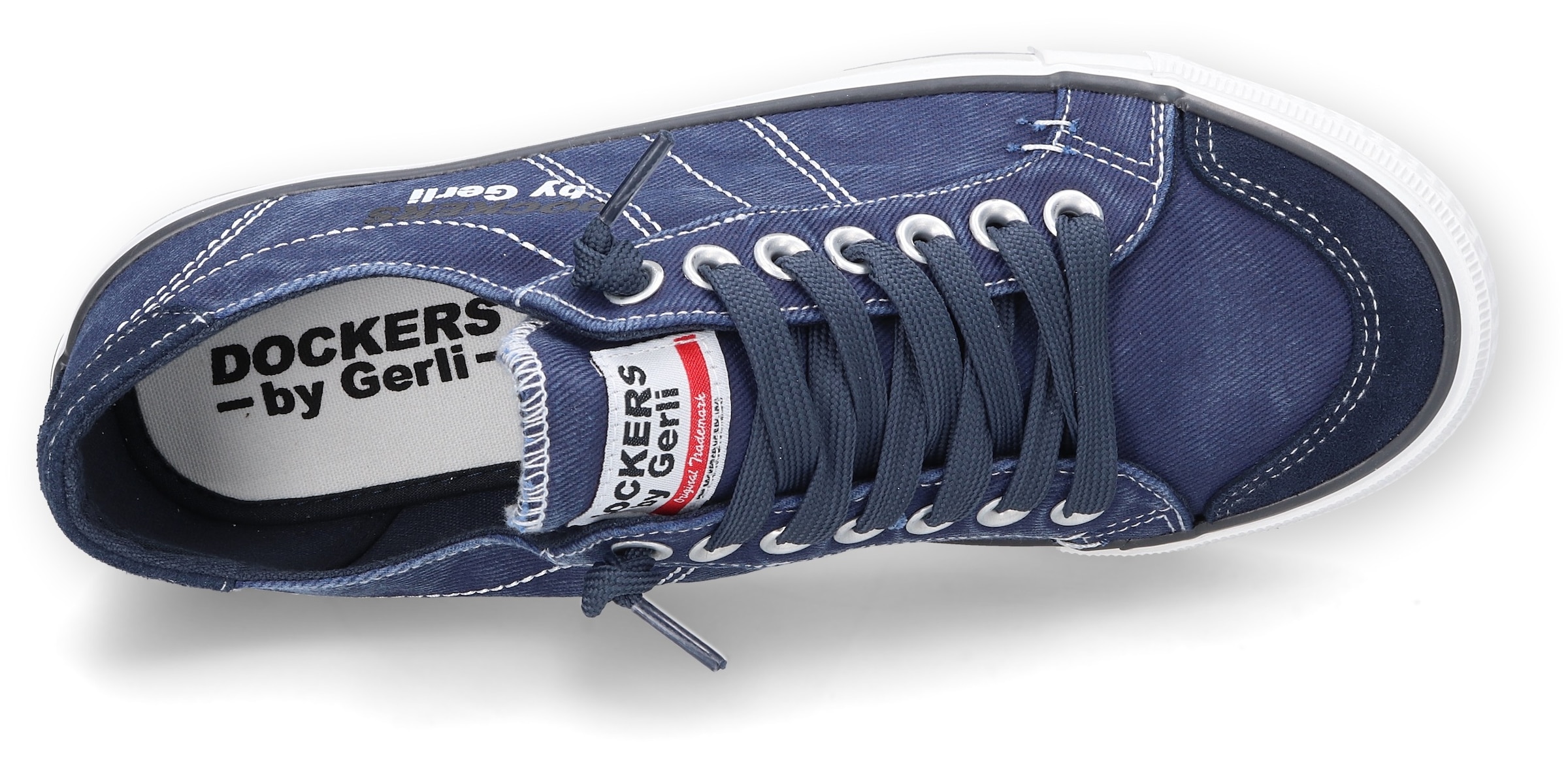 Dockers by Gerli Slip-On Sneaker, Freizeitschuh, Retro Sneaker, Fake Schnürung, in cooler Jeansoptik