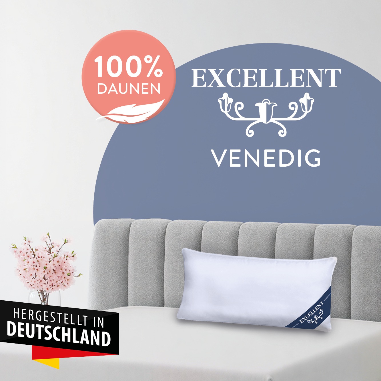 Excellent 3-Kammer-Kopfkissen "Venedig, Kissenparade1 tlg. oder 2 tlg. 40x40-80x80 cm" Füllung: weisseneueDaunenKlasseI100DaunenAussenweisseneueFedernKlasseI100FedernInnen 1 Stk. tlg. hergestellt in Deutschland