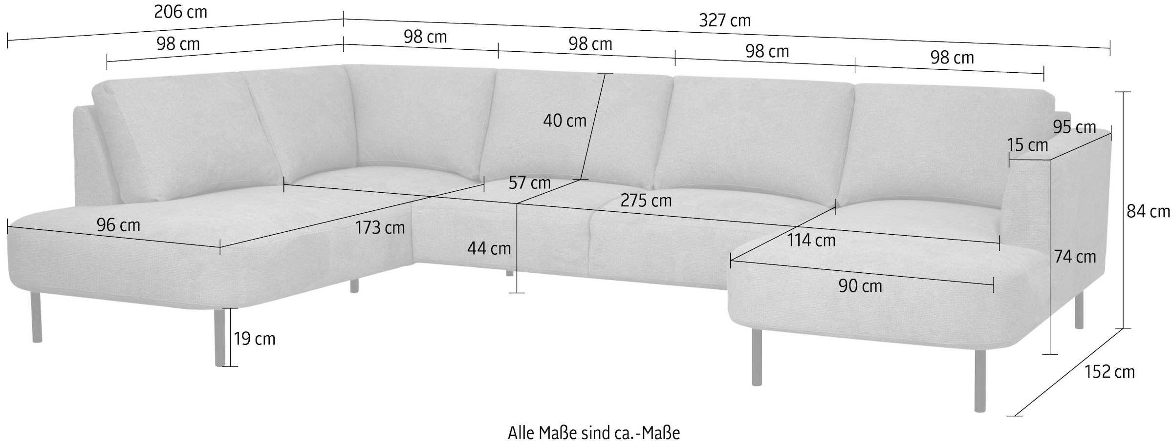 Places of Style Wohnlandschaft »Cesola«, in weichem Chenille-Stoff, Breite 327 cm, mit schwarzen Metallfüssen