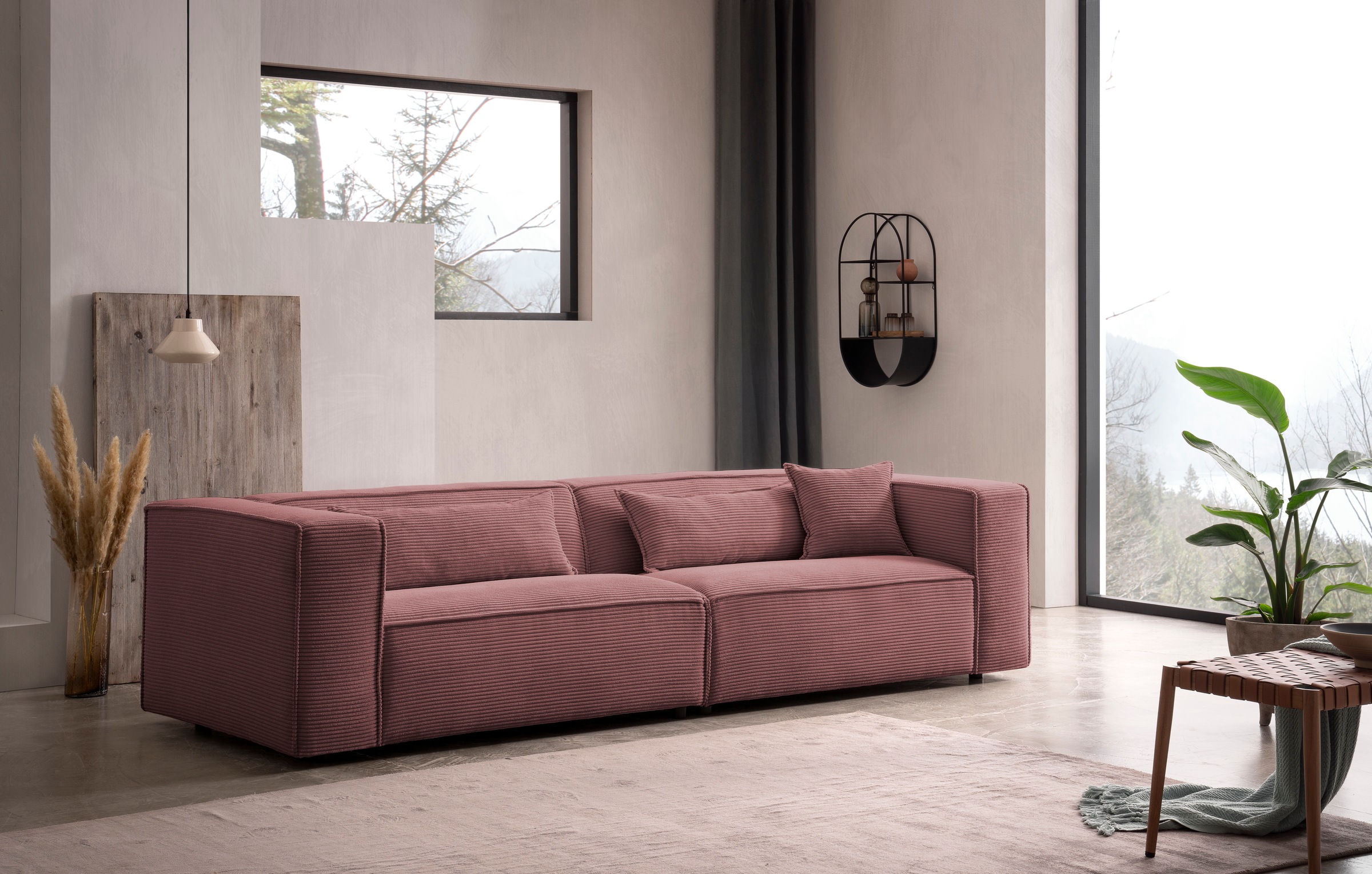 LeGer Home by Lena Gercke 3-Sitzer »PIARA, Couch mit Kedernaht, Sofa in Cord oder Leinenoptik«, schwarze Füsse, bequemer Sitzkomfort